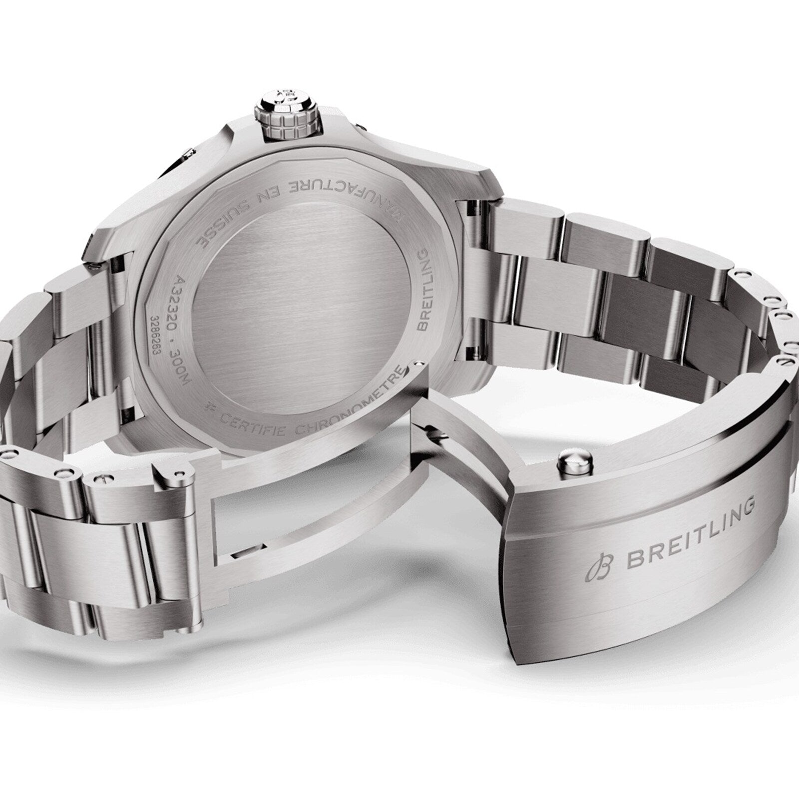 The Breitling Avenger Automatic GMT 44 is displayed from the back, showcasing its engraved stainless steel caseback and a clasp branded with the Breitling logo.