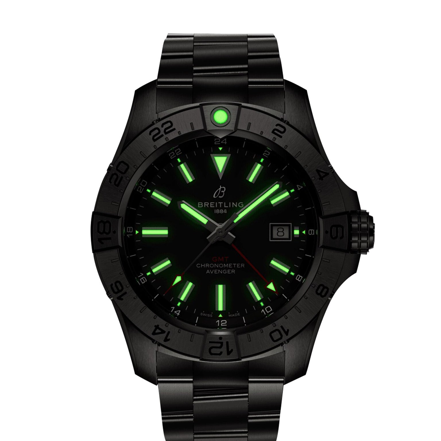 The Breitling Avenger Automatic GMT 44 features a black case, green luminescent hour markers and hands, a date display at 3 o’clock, and a sleek black metal bracelet.