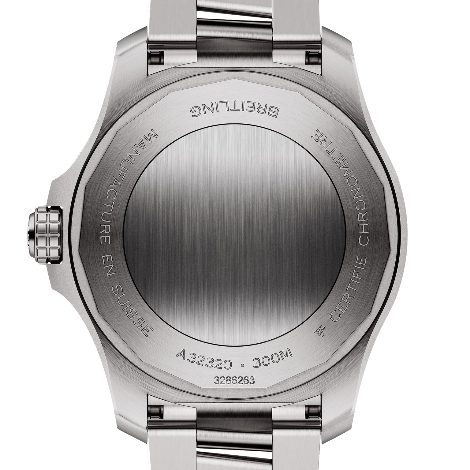 Close-up of the Breitling Avenger Automatic GMT 44s case back, showing engravings such as MANUFACTURE EN SUISSE, 300M water resistant, stainless steel, and the reference number A32320.