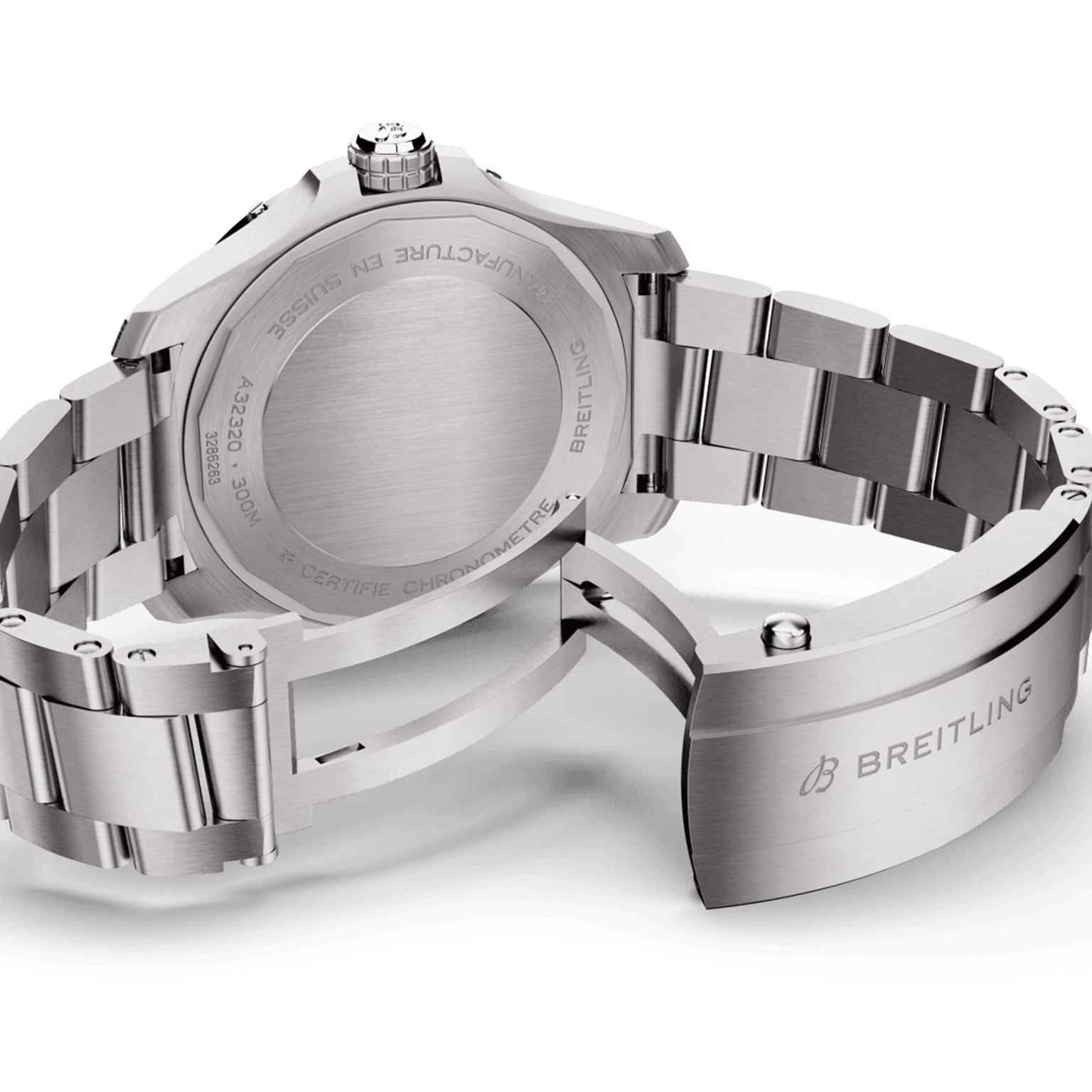 A Breitling Avenger Automatic GMT 44 stainless steel watch showing its engraved case back and open metal bracelet clasp.