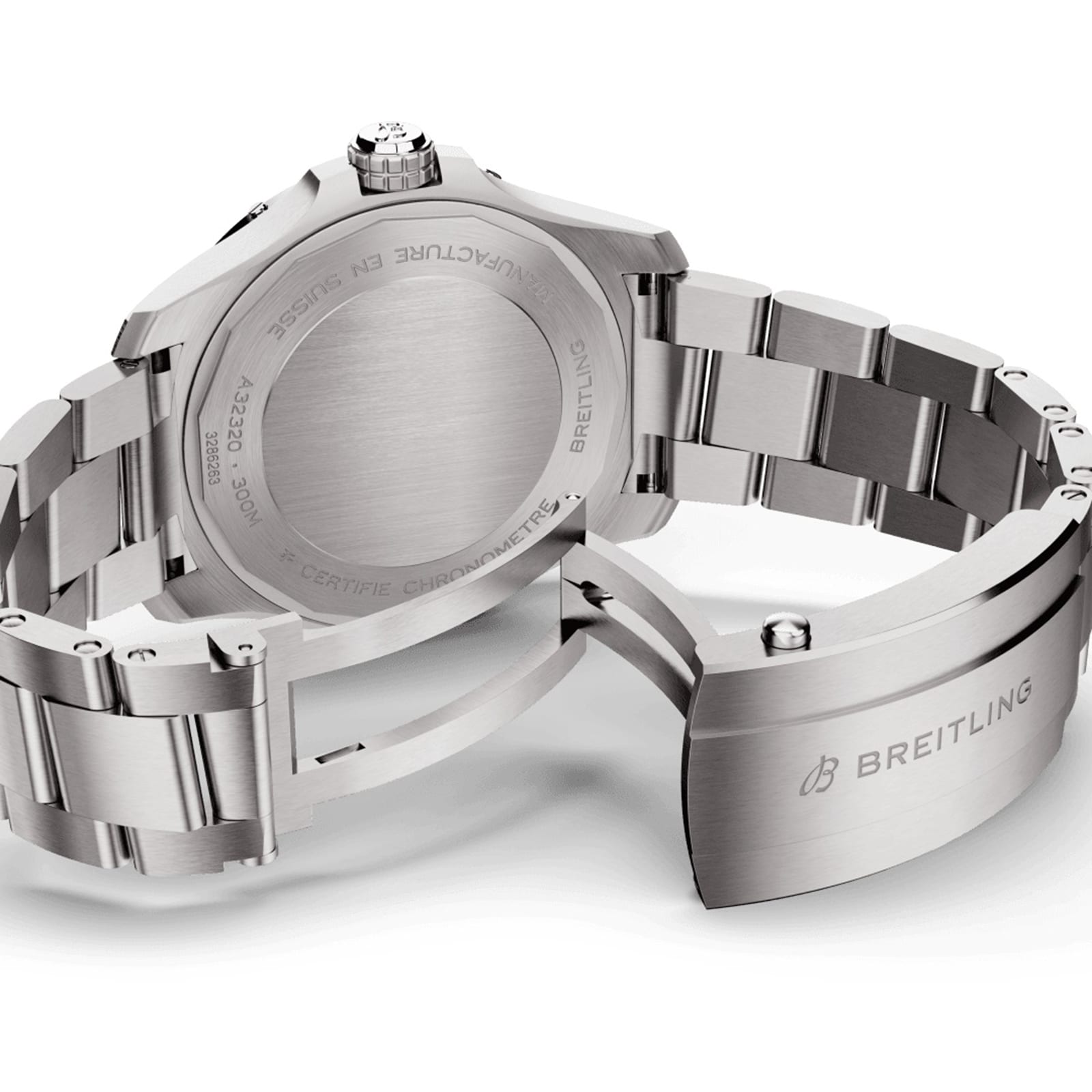 A Breitling Avenger Automatic GMT 44 stainless steel watch showing its engraved case back and open metal bracelet clasp.