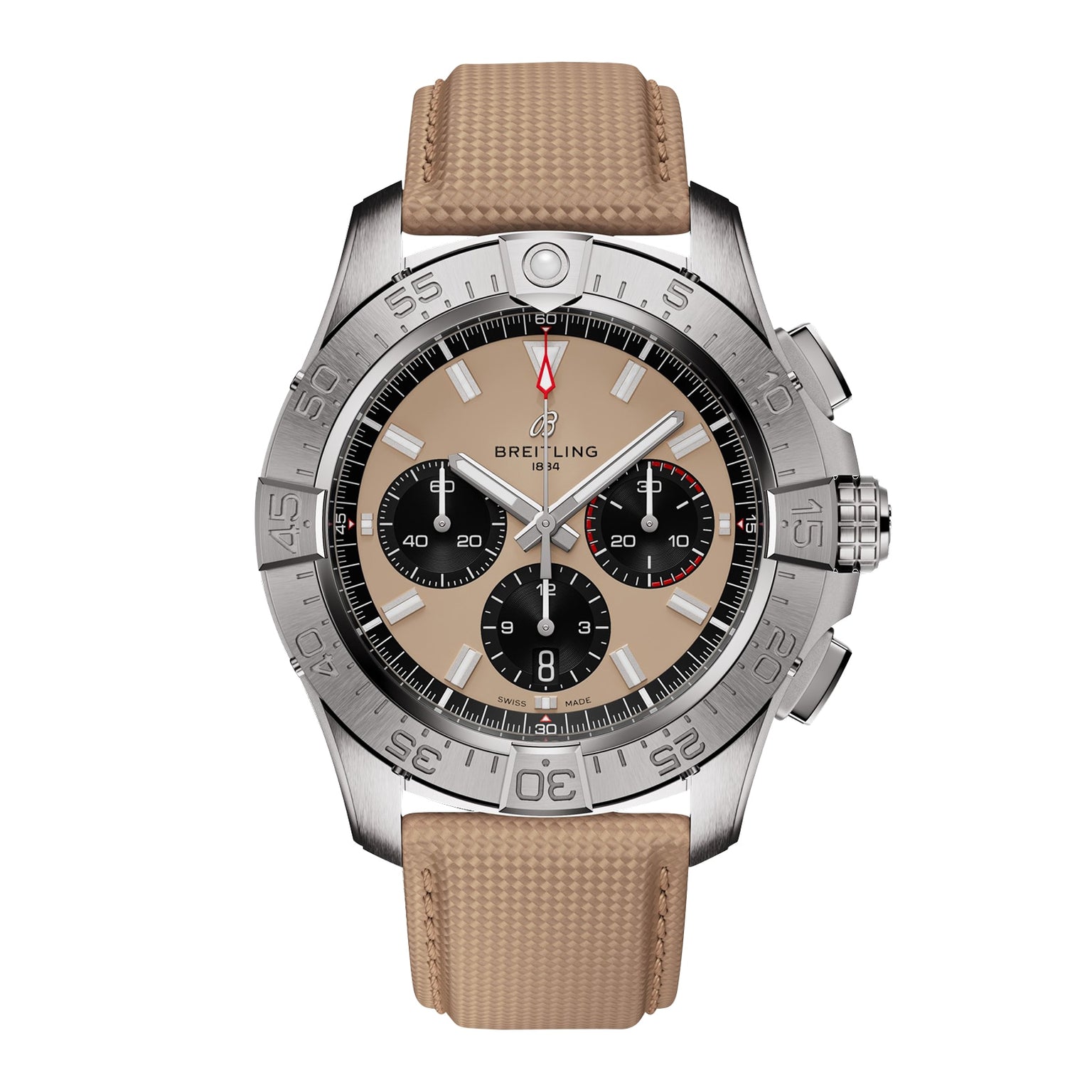 The Breitling Avenger B01 Chronograph 44 features a stainless steel case, beige dial with three black subdials, tan textured strap, and rotating bezel for a bold military-inspired look.