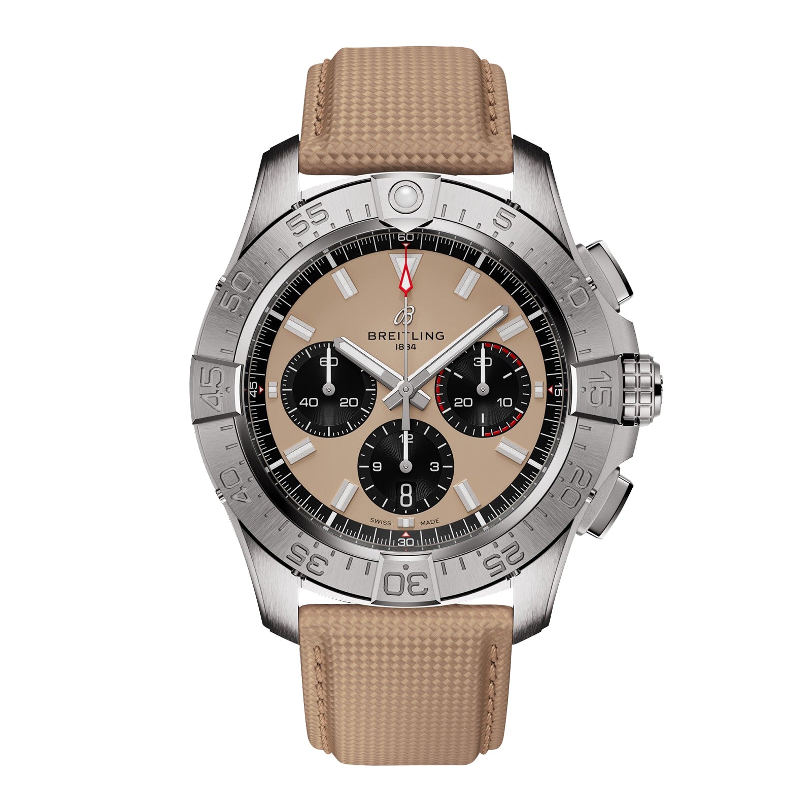 The Breitling Avenger B01 Chronograph 44 features a stainless steel case, beige dial with three black subdials, tan textured strap, and rotating bezel for a bold military-inspired look.