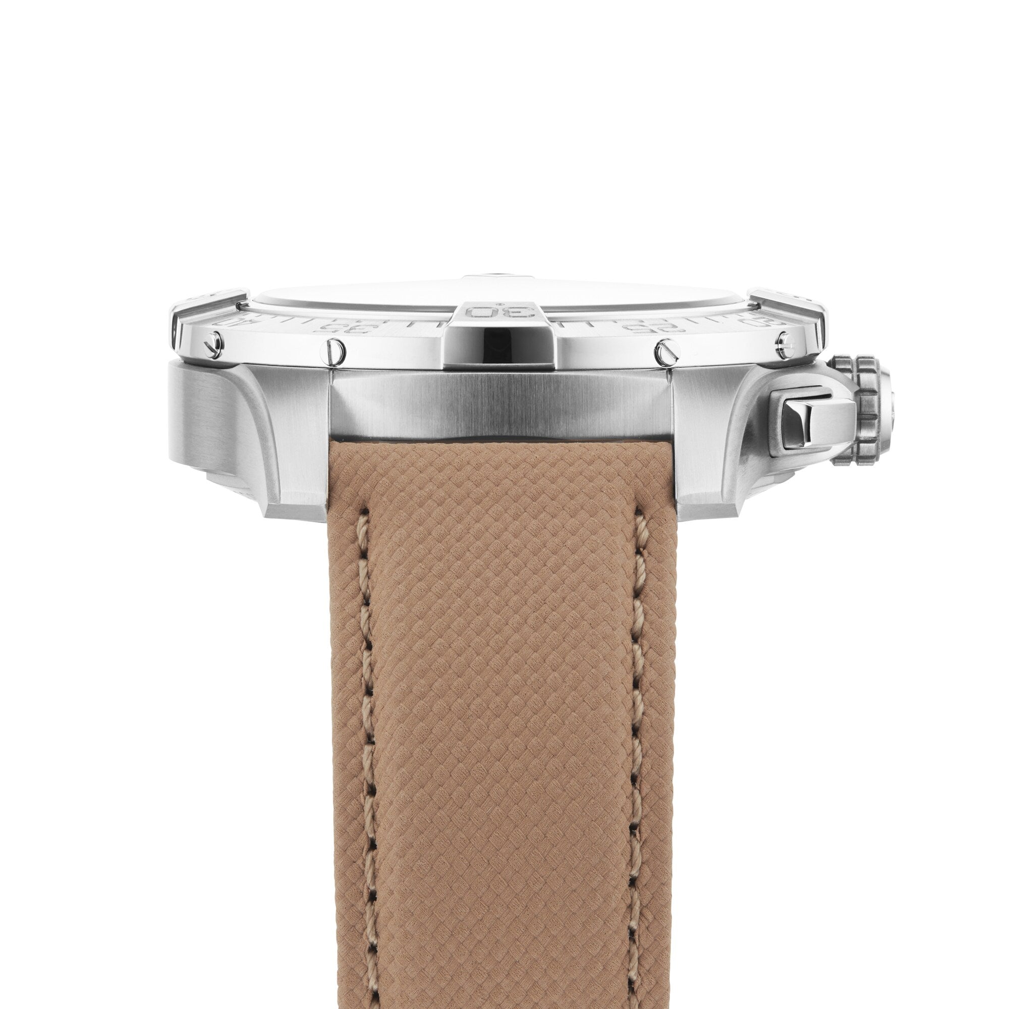 Side view of a Breitling Avenger B01 Chronograph 44 with a stainless steel case and beige textured leather strap, highlighting the crown and bezel for a sophisticated military-inspired look.