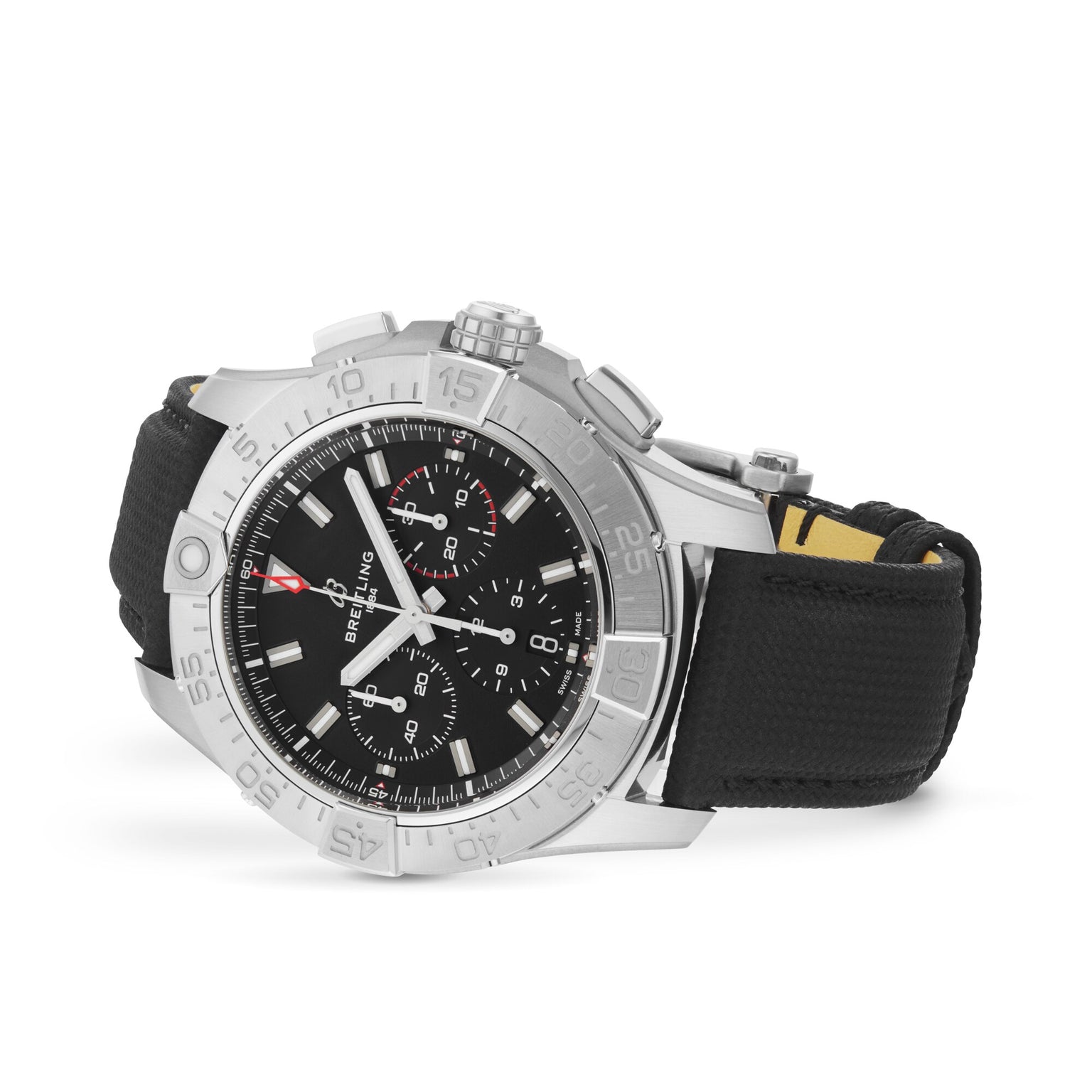 The Breitling Avenger B01 Chronograph 44 features a stainless steel case, black dial with three subdials, date display, and a black leather strap for a bold military-inspired look.