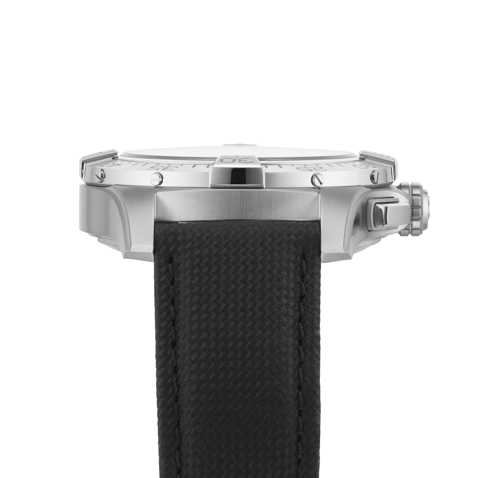 Side view of the Breitling Avenger B01 Chronograph 44, showcasing its stainless steel case, military-inspired design, textured black strap, crown, and intricate details.