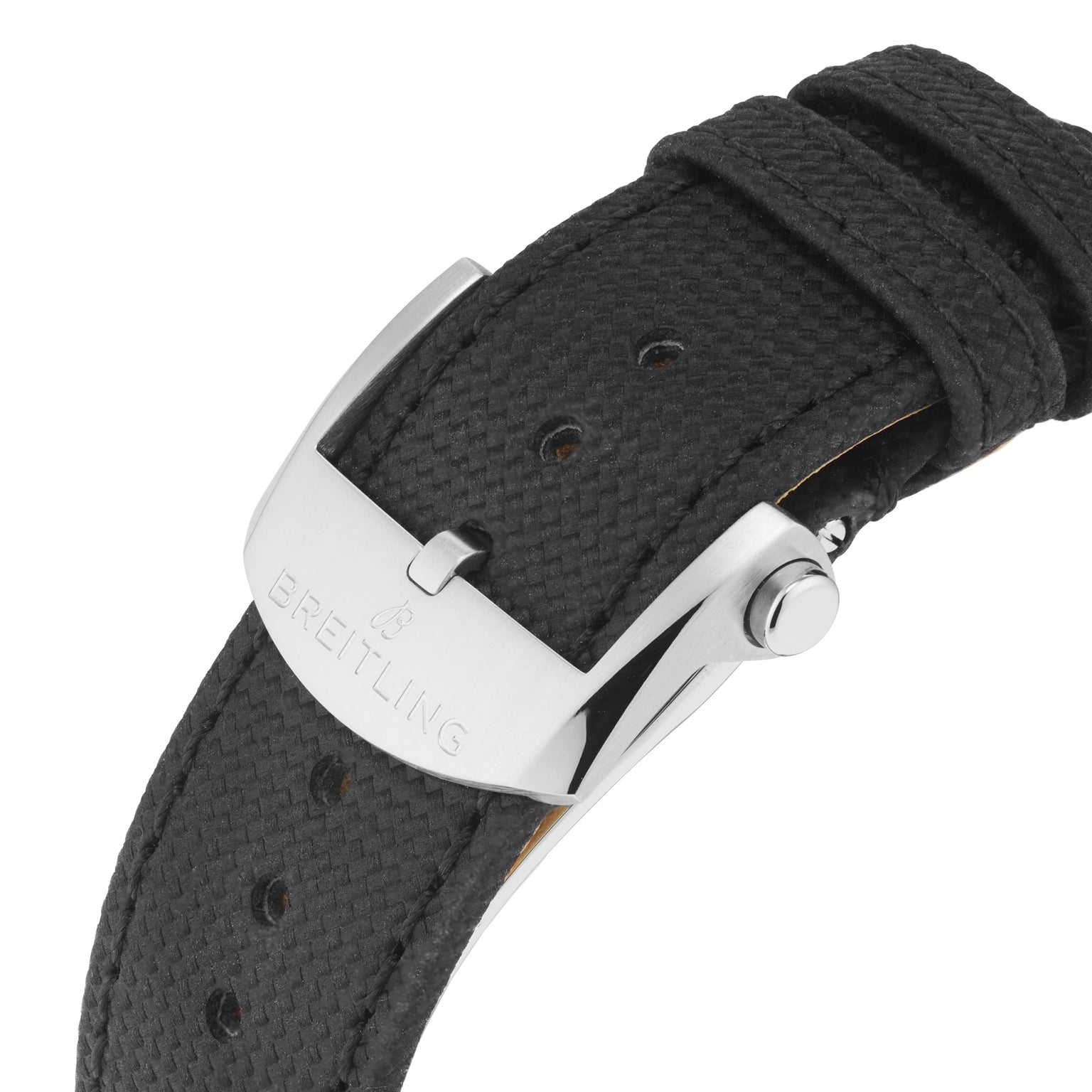 Close-up of a black textured leather strap with a silver Breitling buckle, emphasizing the military style of the Breitling Avenger B01 Chronograph 44.