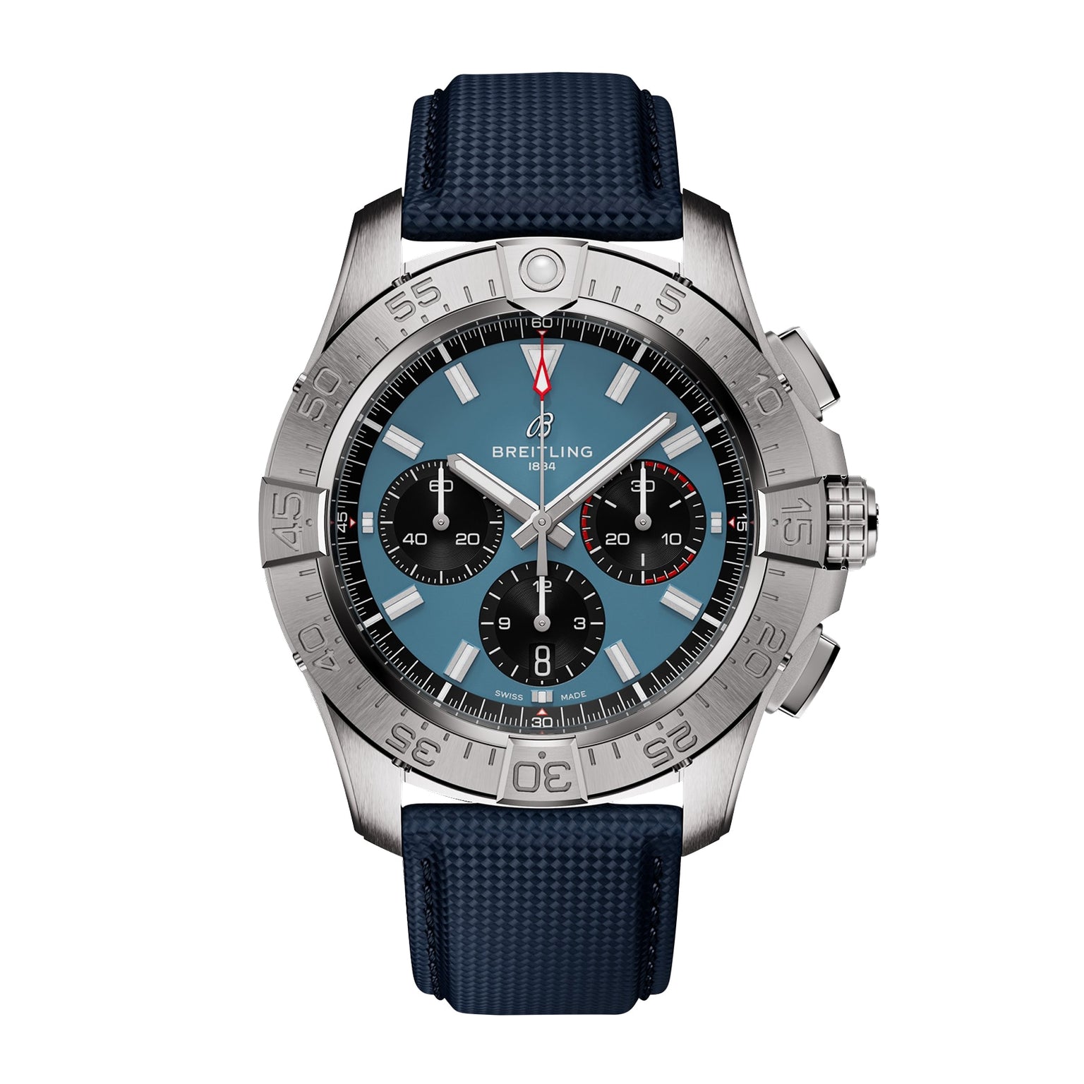 The Breitling Avenger B01 Chronograph 44 features a stainless steel case, blue dial with three subdials, black bezel accents, a textured blue strap, and precise self-winding mechanical movement.