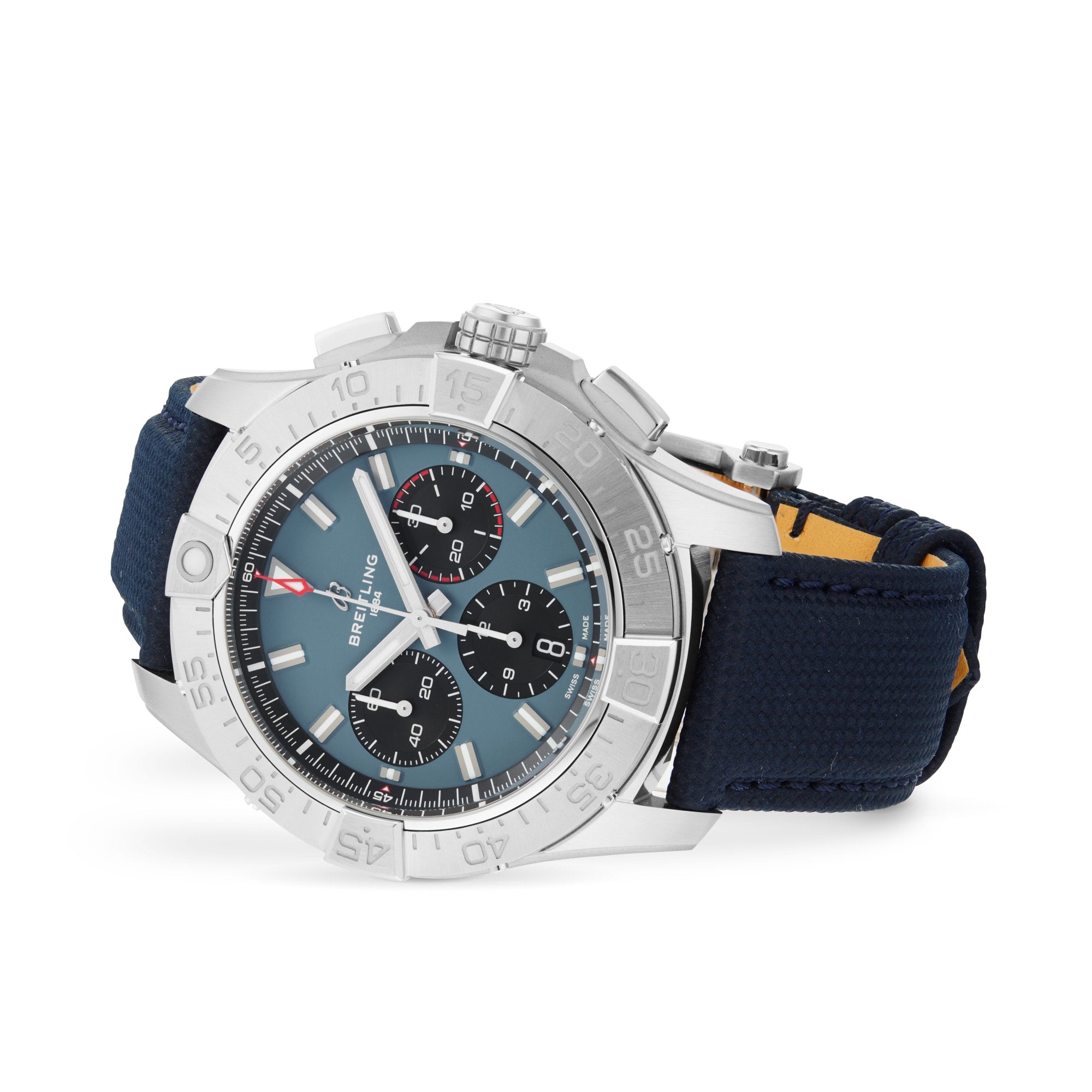 The Breitling Avenger B01 Chronograph 44 features a stainless steel case, blue dial with three subdials and date window, a blue fabric strap, and a precise self-winding mechanical movement.