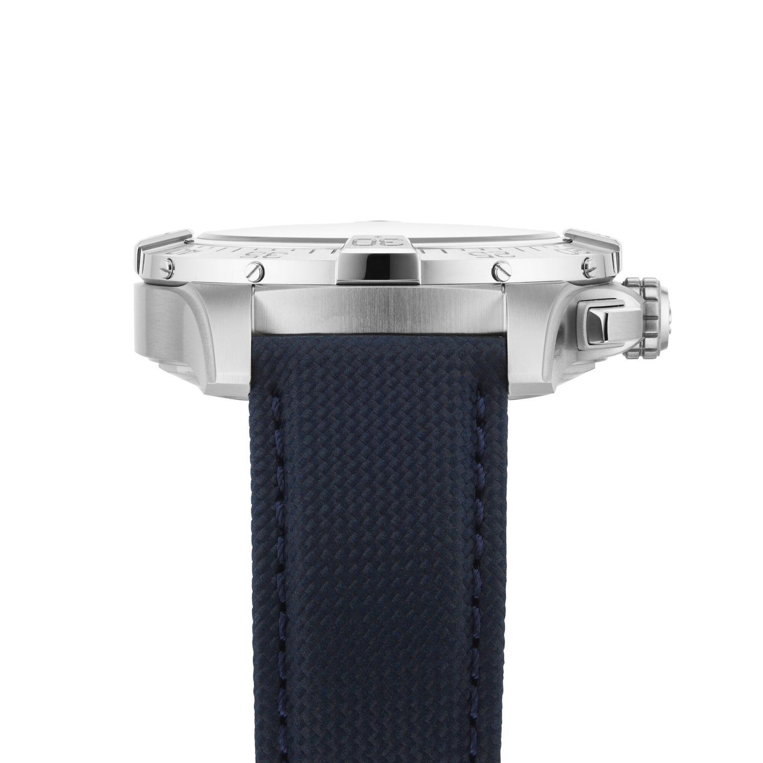 A side view of the Breitling Avenger B01 Chronograph 44 features its textured navy blue strap, crown, and case details—exemplifying the brands precision self-winding mechanical movement.