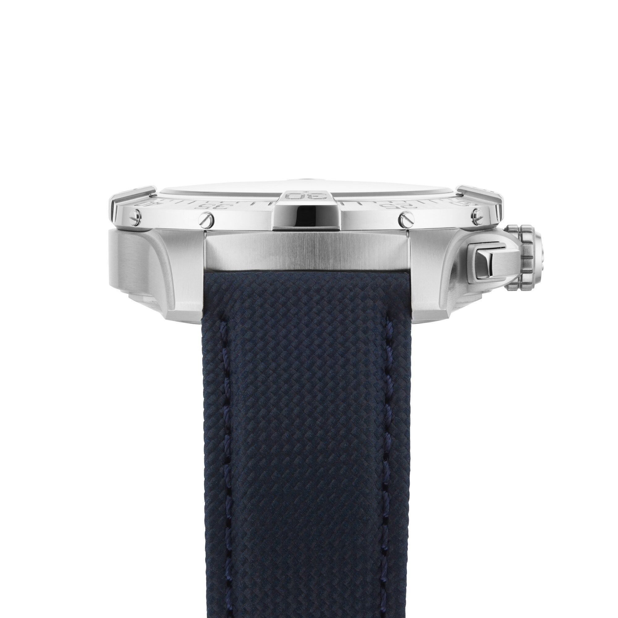 A side view of the Breitling Avenger B01 Chronograph 44 features its textured navy blue strap, crown, and case details—exemplifying the brands precision self-winding mechanical movement.