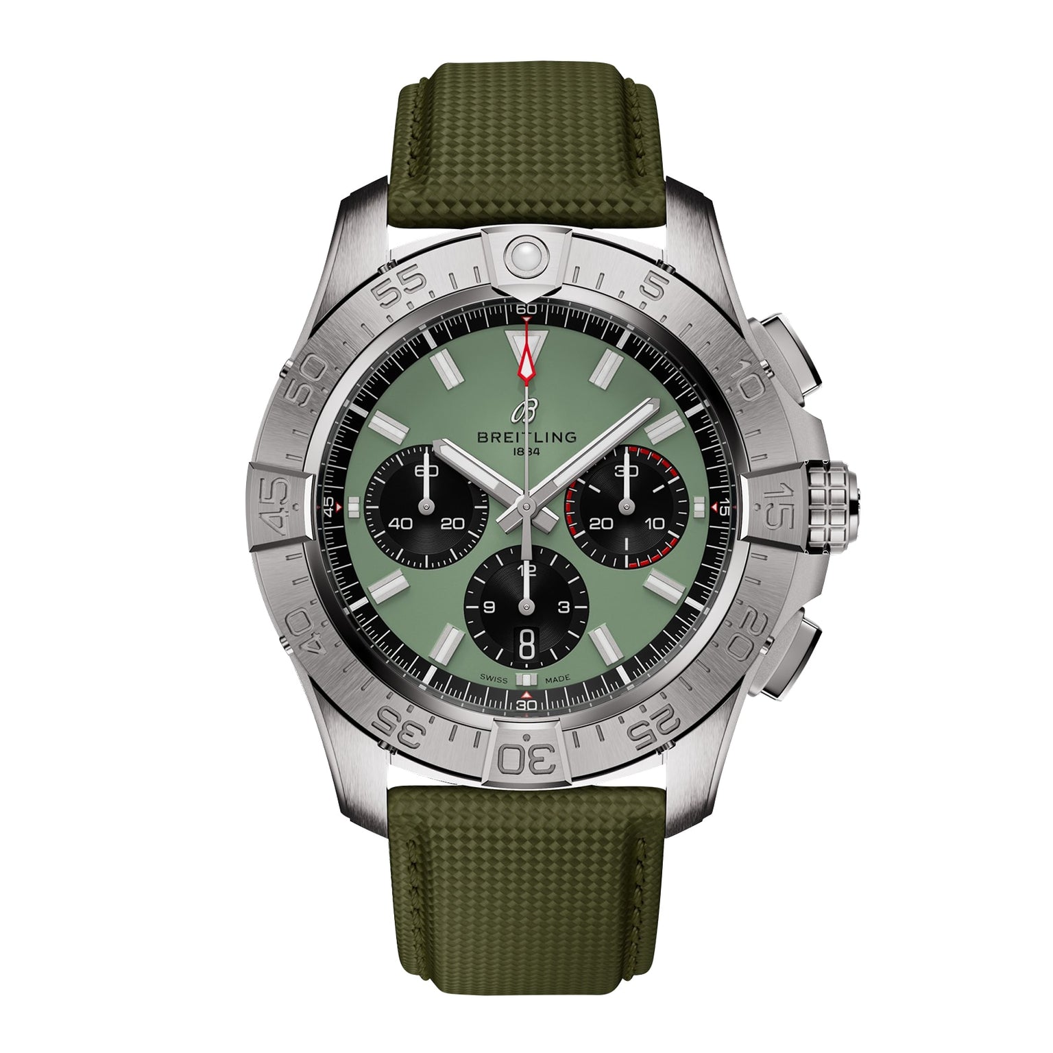 The Breitling Avenger B01 Chronograph 44 is a stainless steel watch featuring a green dial, three black subdials, a rotating bezel, and a textured green strap inspired by military uniforms.