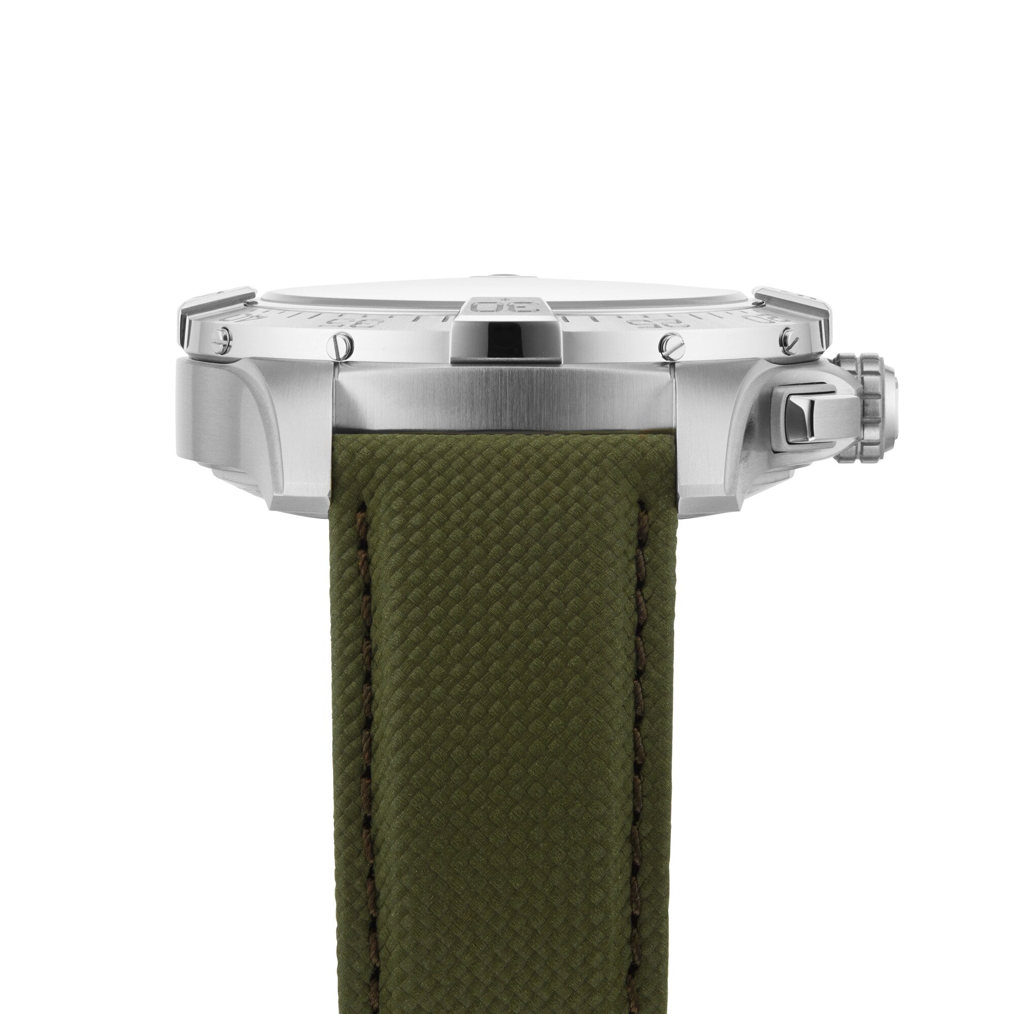 Side view of the silver Breitling Avenger B01 Chronograph 44 case with a green textured fabric strap and visible crown, inspired by military uniform details and boasting a 70-hour power reserve, shown against a white background.