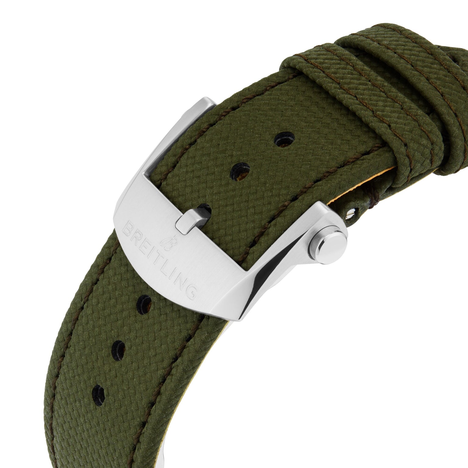 Close-up of an olive green textured strap with a silver-tone buckle engraved with the Breitling logo, reflecting the durable style of the Avenger B01 Chronograph 44 and inspired by classic military uniforms.