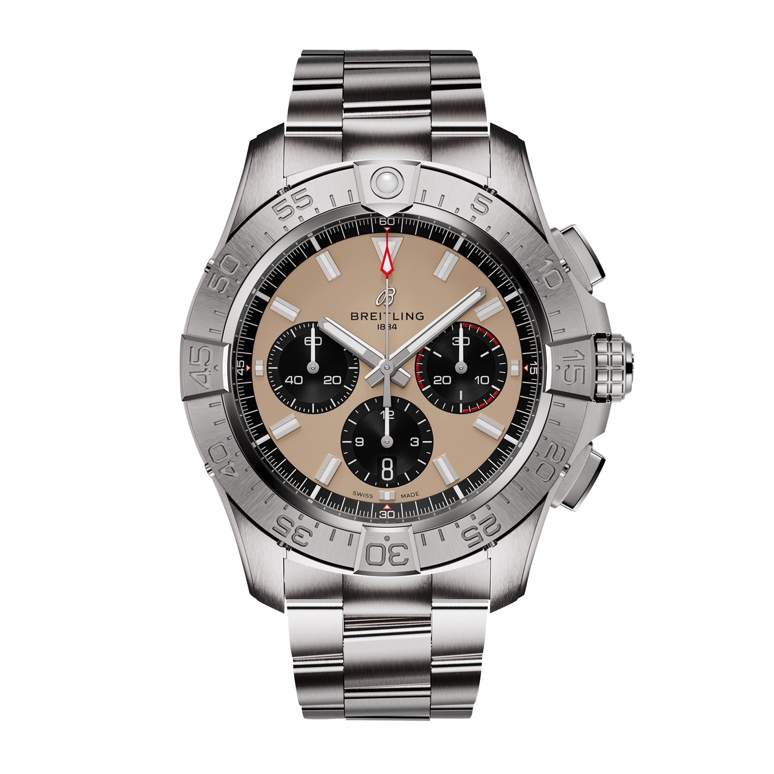 The Breitling Avenger B01 Chronograph 44 features a silver metal band, beige and black chronograph dial with three subdials, rotating bezel, and Breitling 01 calibre movement, shown on a white background.
