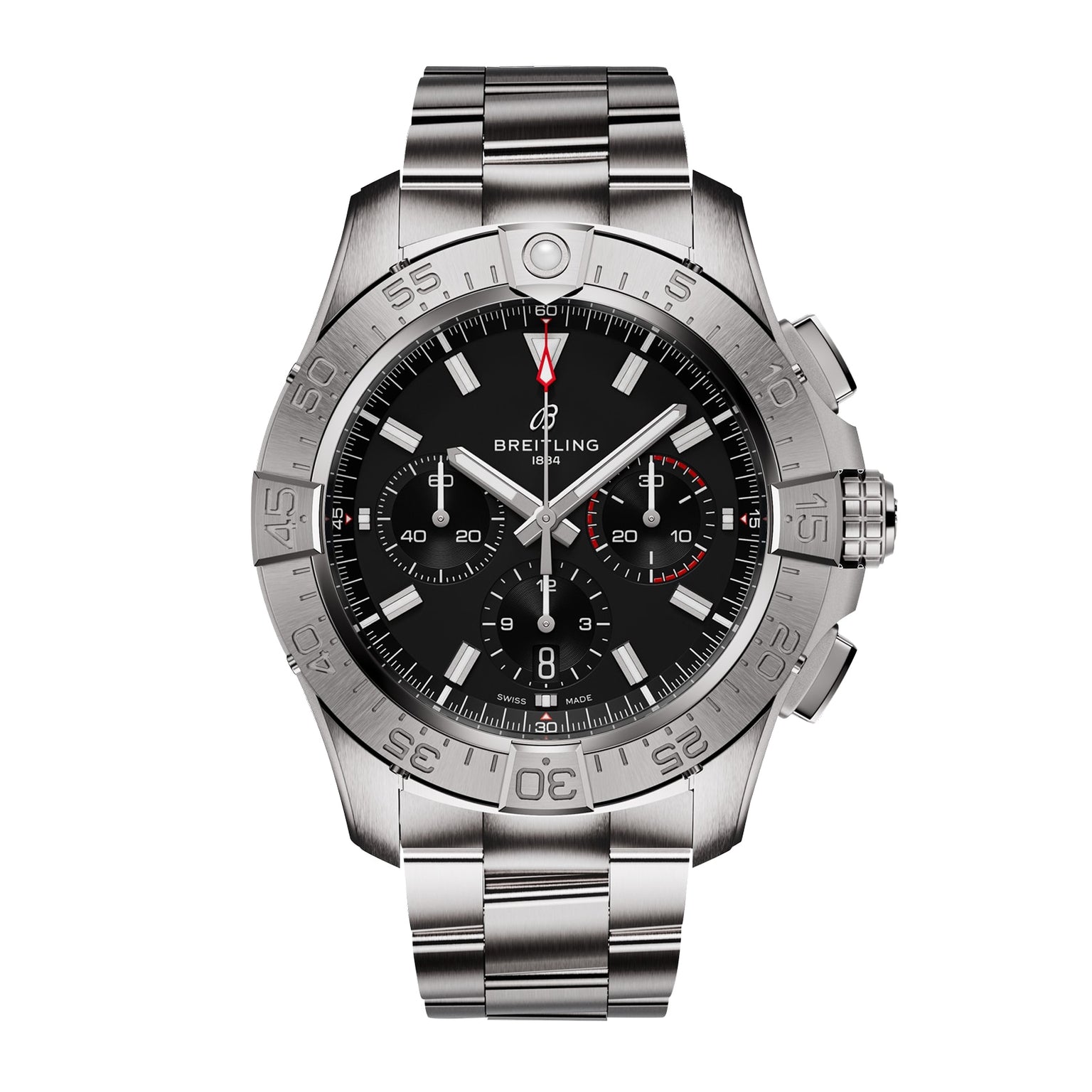 The Breitling Avenger B01 Chronograph 44 features a stainless steel case, black dial with three subdials, date display, and a silver metal bracelet.