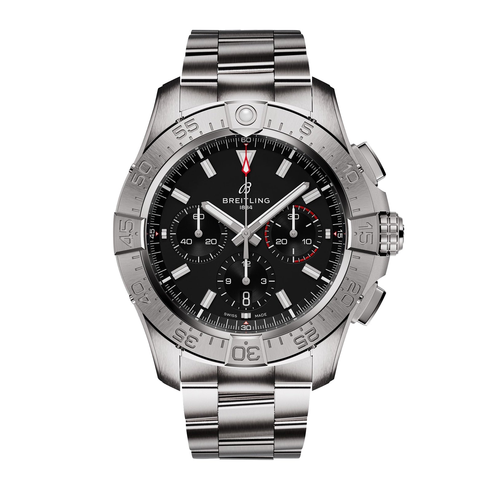 The Breitling Avenger B01 Chronograph 44 features a stainless steel case, black dial with three subdials, date display, and a silver metal bracelet.