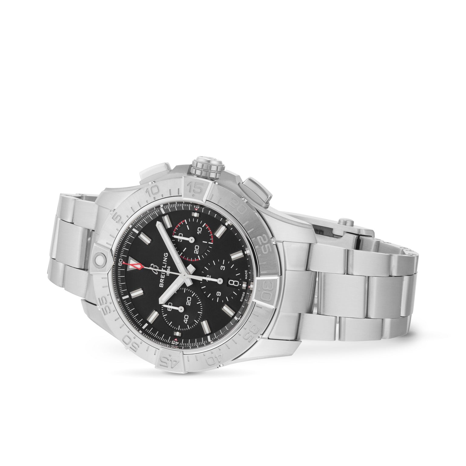 The Breitling Avenger B01 Chronograph 44 is a stainless steel wristwatch featuring a black dial, silver hour markers, and a durable metal link bracelet.