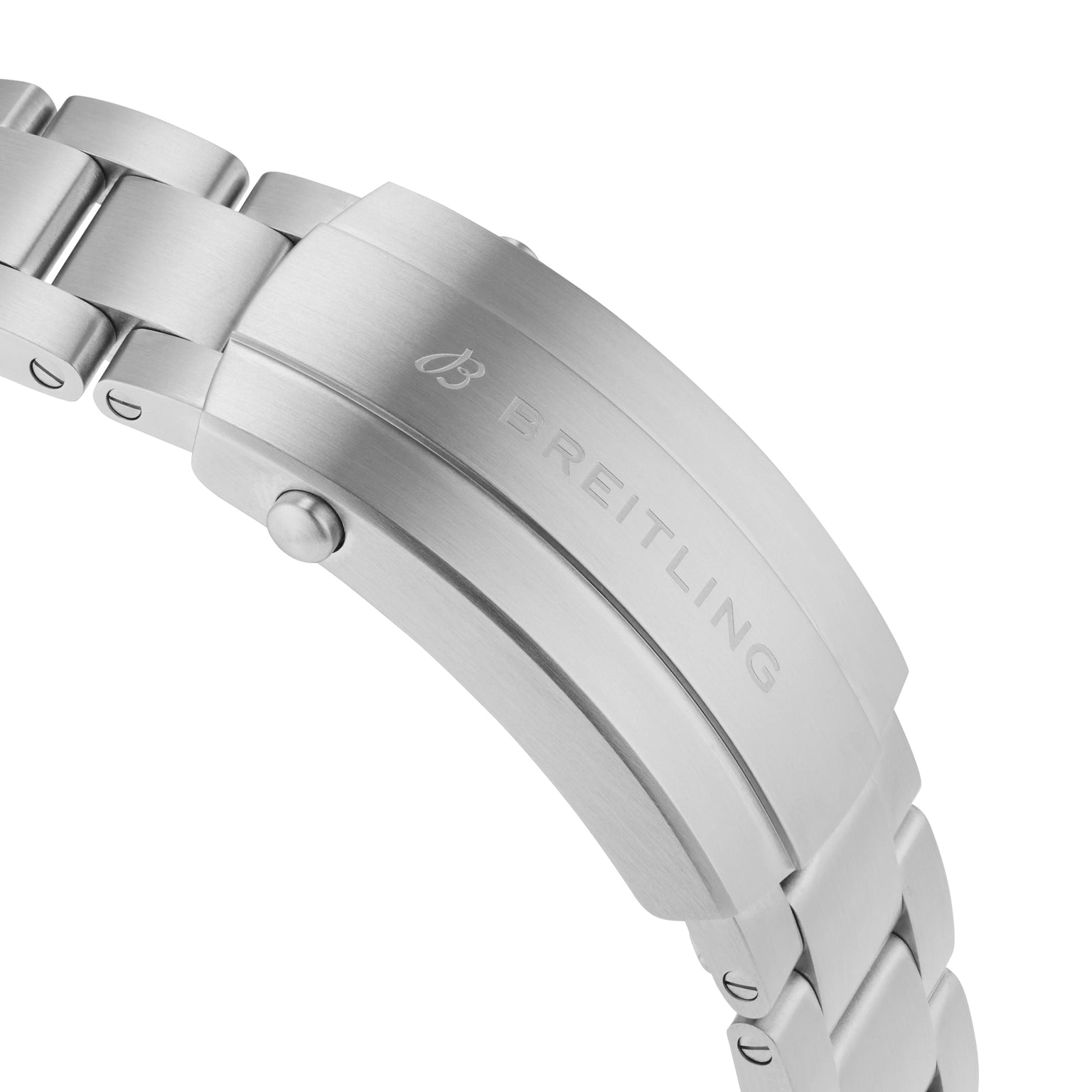 Close-up of a stainless steel bracelet clasp from the Breitling Avenger B01 Chronograph 44, featuring the engraved Breitling logo and branding on its brushed metal surface.