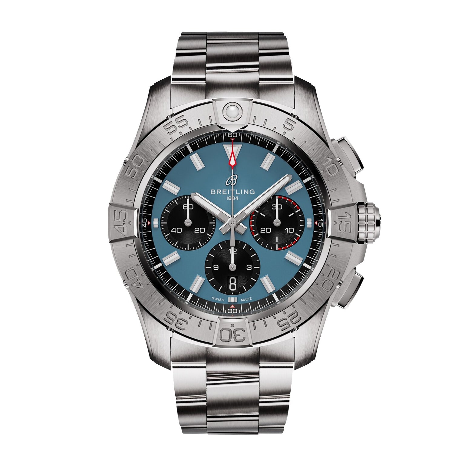 The Breitling Avenger B01 Chronograph 44 is a stainless steel aviation-inspired watch with a blue dial, three black subdials, and a metal link bracelet.