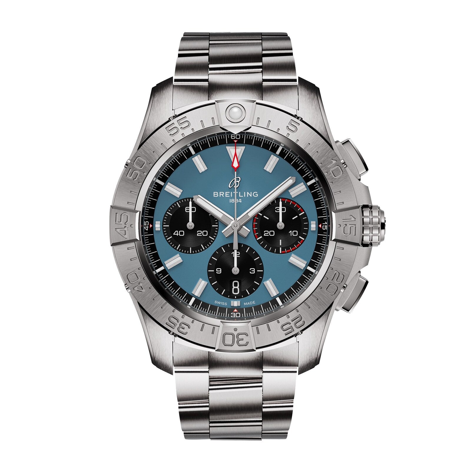 The Breitling Avenger B01 Chronograph 44 is a stainless steel aviation-inspired watch with a blue dial, three black subdials, and a metal link bracelet.