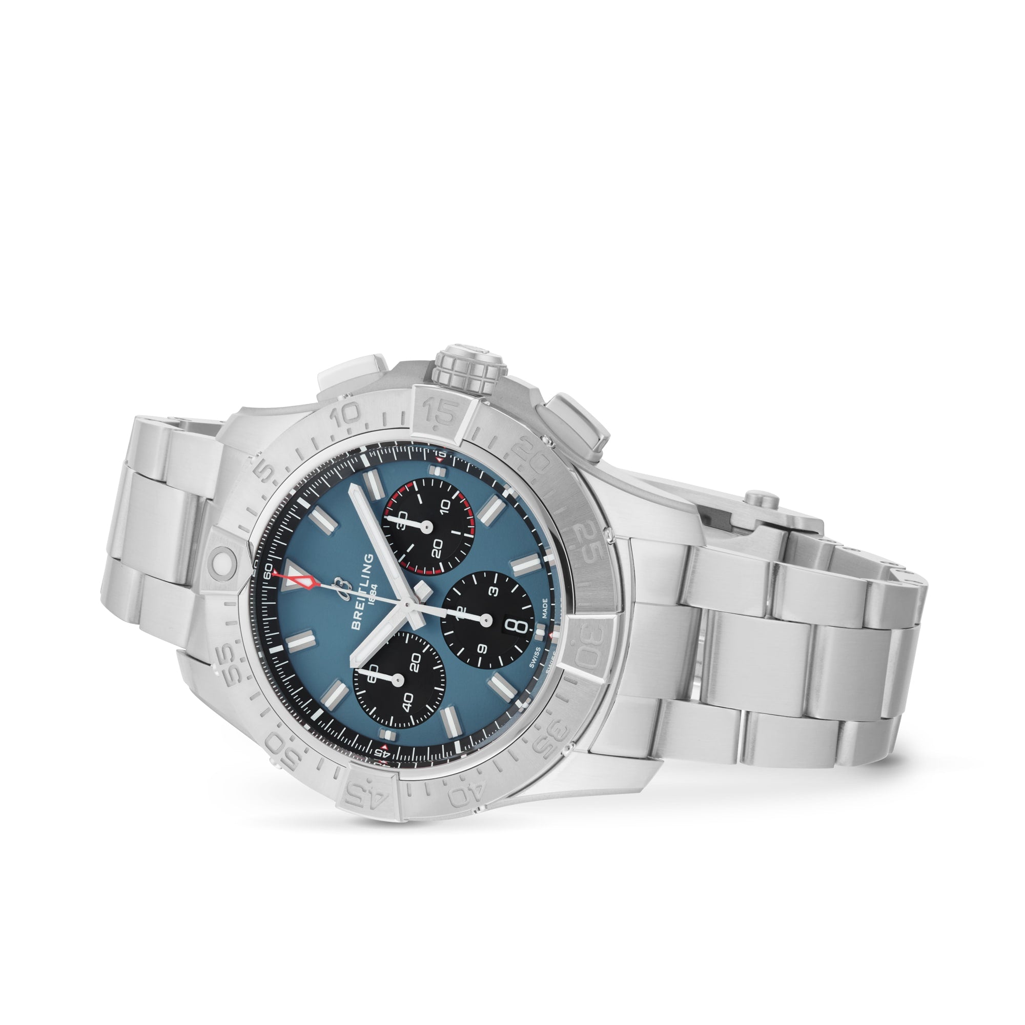 The Breitling Avenger B01 Chronograph 44 features a stainless steel case, blue dial with three black subdials, and a metal bracelet, shown at an angle on a white background.
