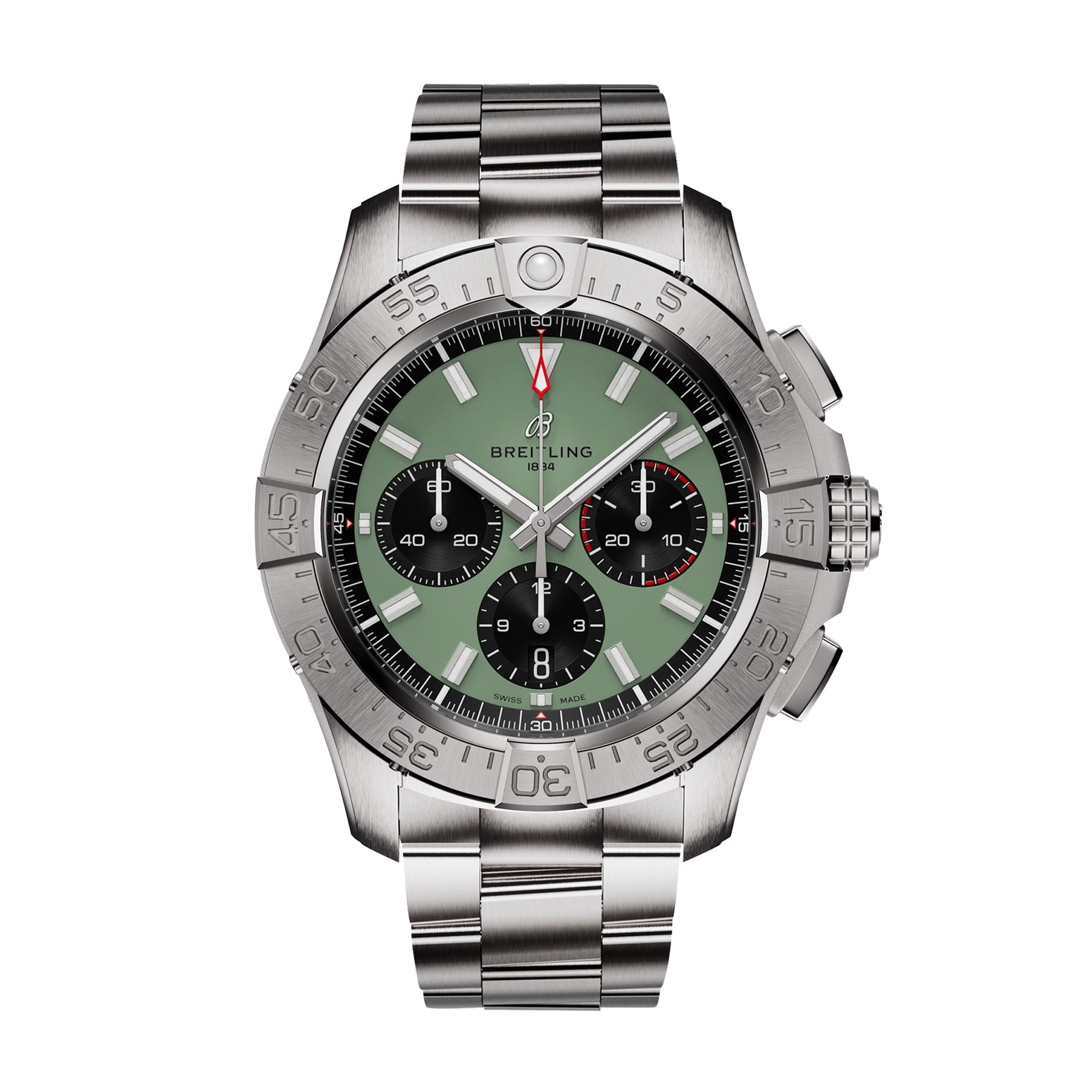 The Breitling Avenger B01 Chronograph 44 is a 44mm stainless steel watch with a green dial, three black subdials, and a metal link bracelet, showcasing military-inspired design elements.