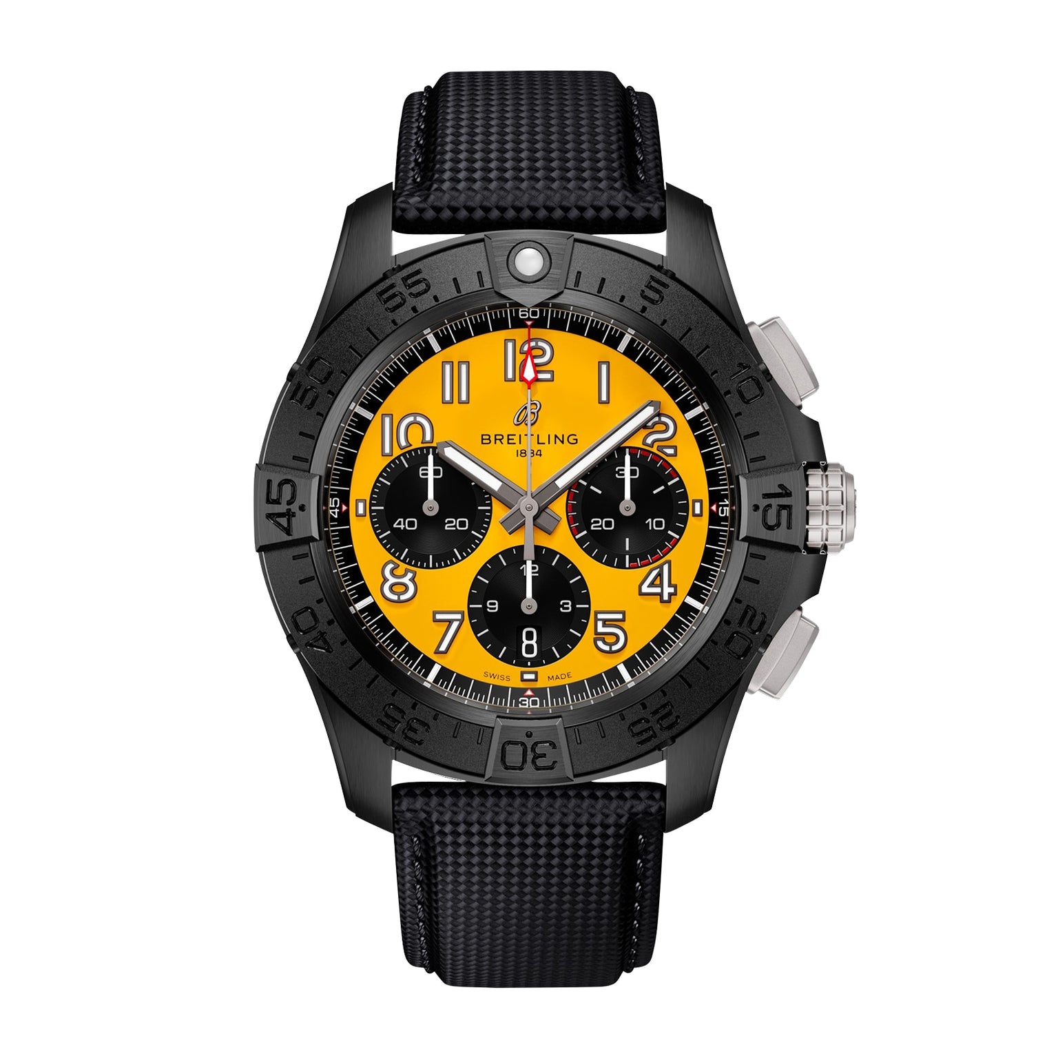 The Breitling Avenger B01 Chronograph 44 Night Mission features a black case in ceramic and titanium, a yellow dial with black subdials, bold orange numerals, and a black textured strap, shown against a white background.