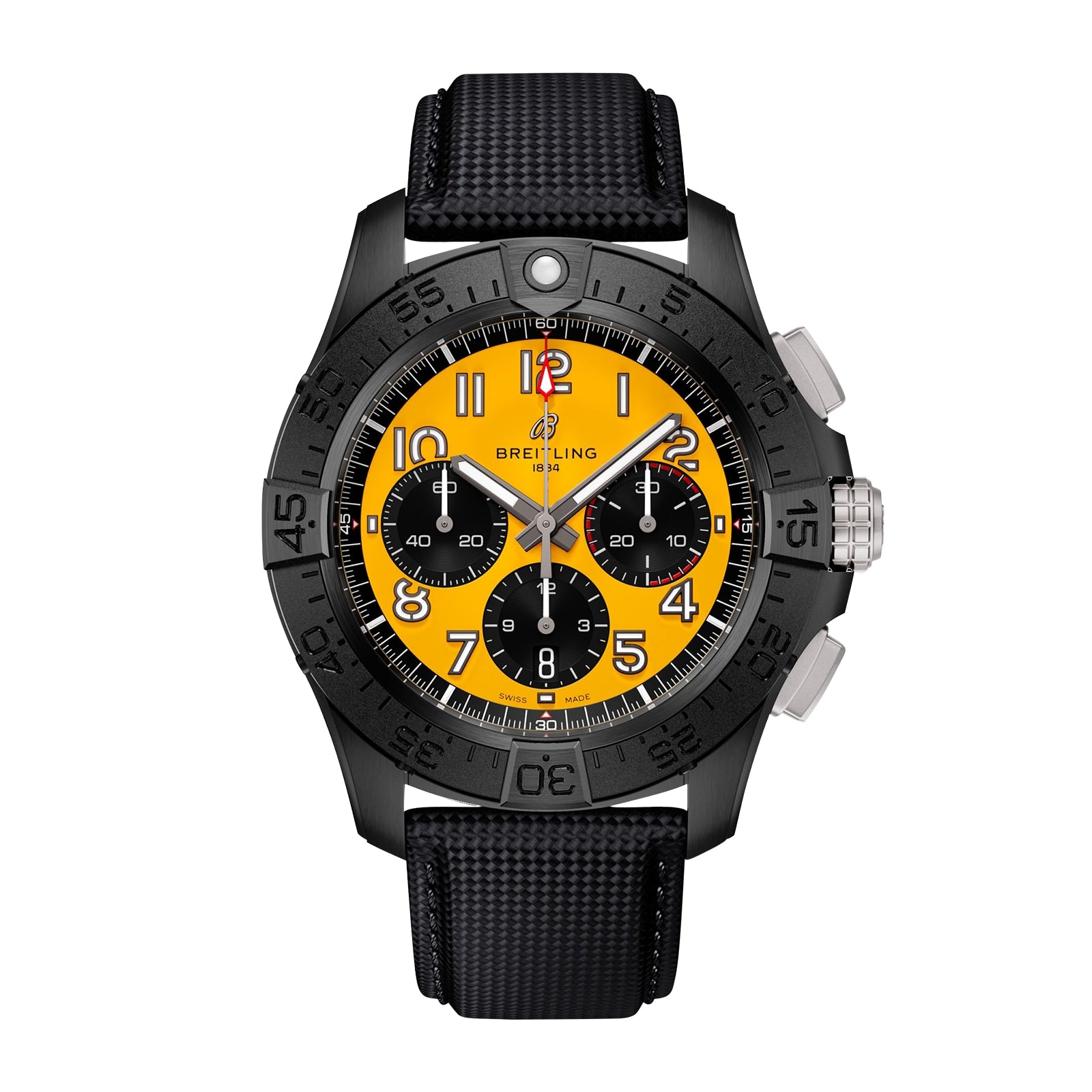 The Breitling Avenger B01 Chronograph 44 Night Mission features a black case in ceramic and titanium, a yellow dial with black subdials, bold orange numerals, and a black textured strap, shown against a white background.
