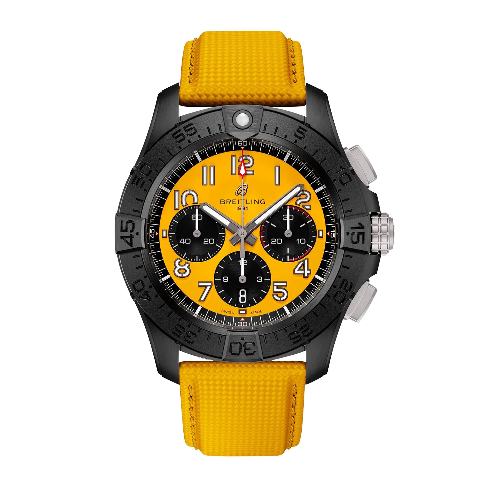 The Breitling Avenger B01 Chronograph 44 Night Mission features a vibrant yellow dial, black bezel, three black subdials, and a textured yellow strap with bold black-and-white hands and numerals for high legibility.