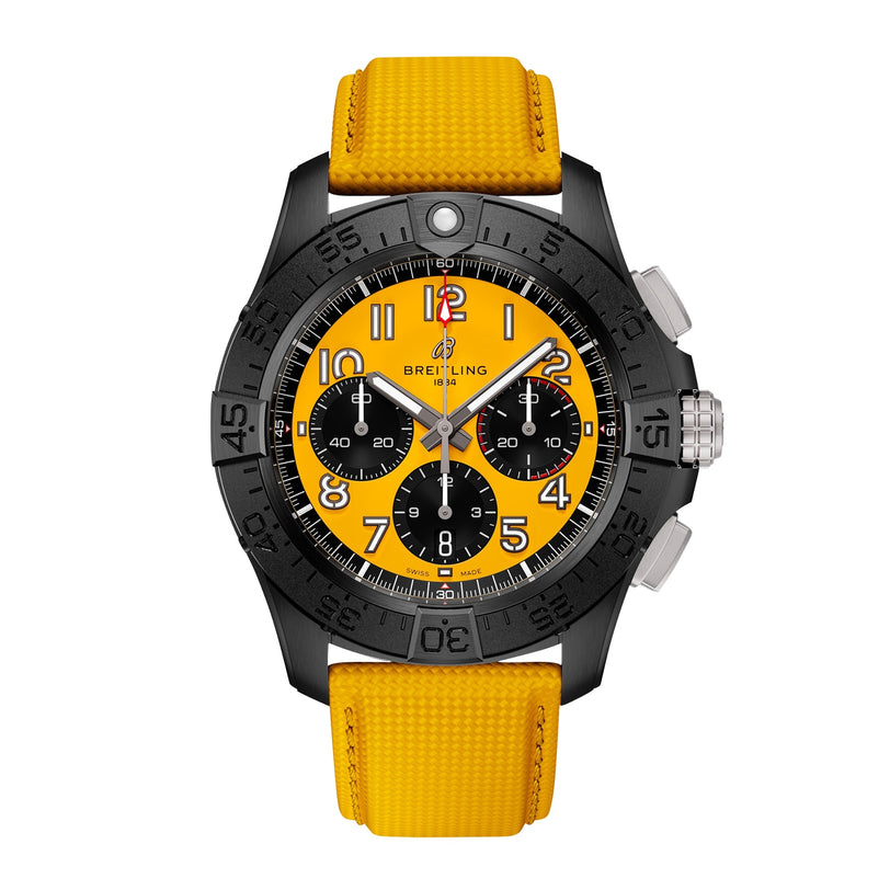 The Breitling Avenger B01 Chronograph 44 Night Mission features a vibrant yellow dial, black bezel, three black subdials, and a textured yellow strap with bold black-and-white hands and numerals for high legibility.