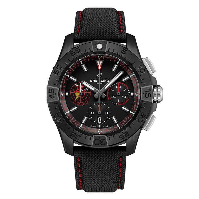 The Breitling Avenger B01 Chronograph 44 Night Mission Dust Devils features three subdials, red accents, a black strap with red stitching inspired by military leather, a shield logo at 9 o’clock, and is powered by the Manufacture Caliber 01.
