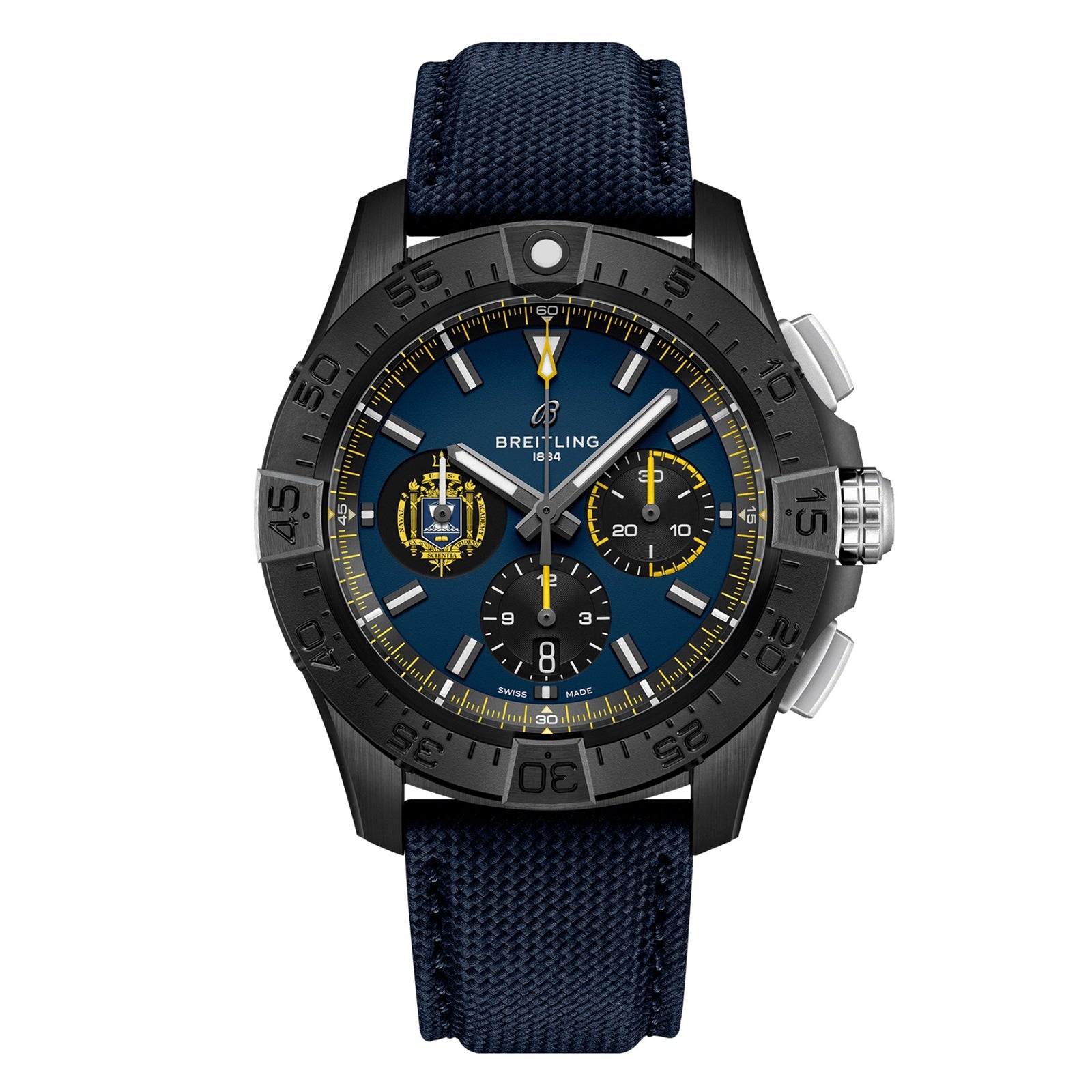 The Breitling Avenger B01 Chronograph 44 Night Mission US Naval Academy features a blue dial, black bezel, yellow accents, three subdials, a blue textured strap, and is powered by the Breitling Manufacture Caliber 01.