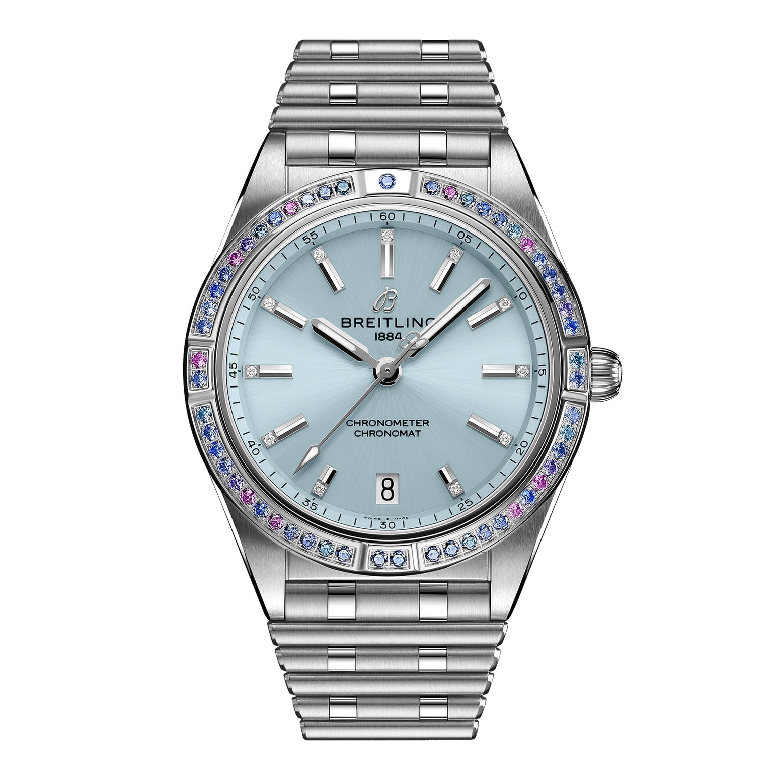 The Breitling Chronomat Automatic 36 is a stainless steel wristwatch with a mint blue dial, date display, and a bezel adorned with blue, purple, and pink gemstones.