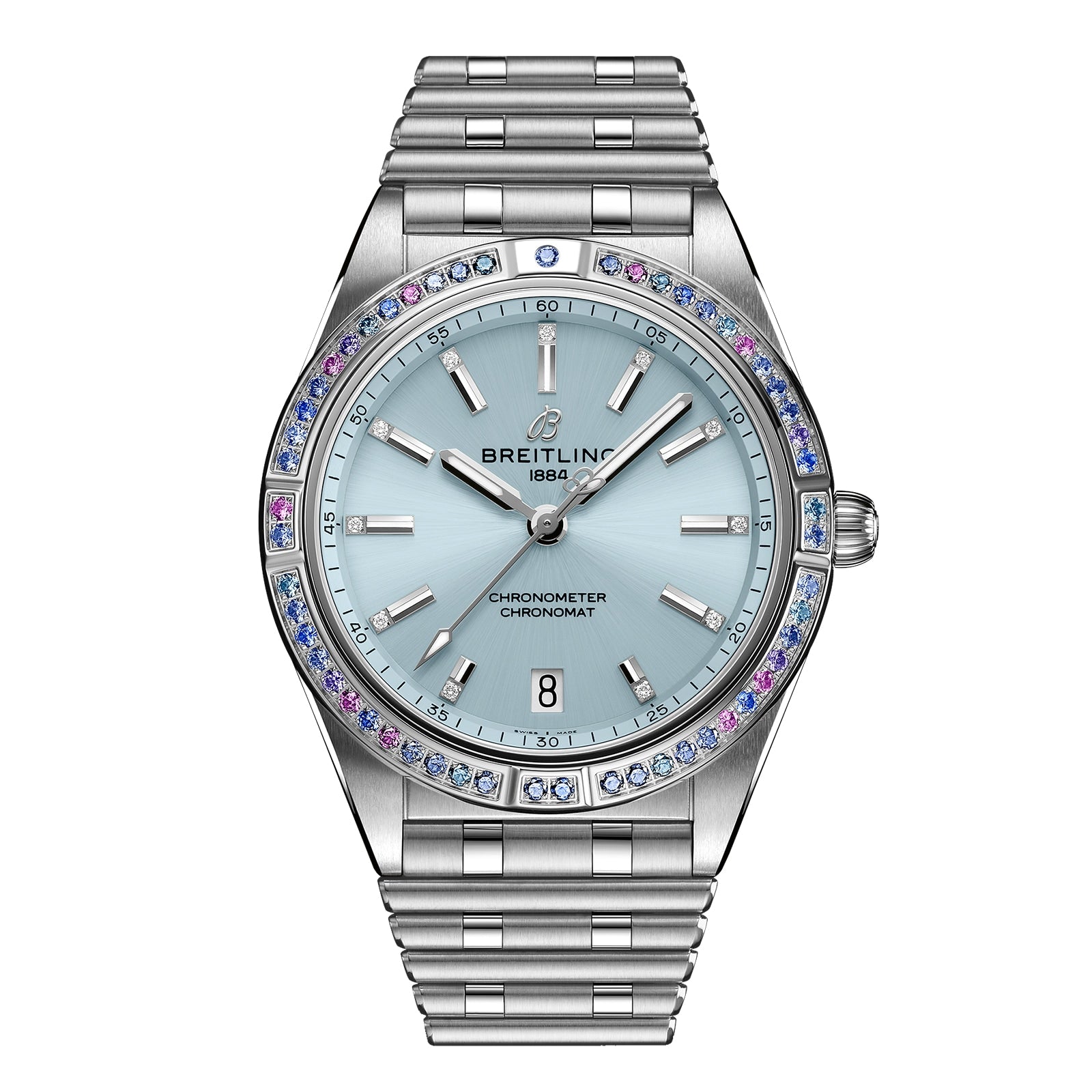 The Breitling Chronomat Automatic 36 is a stainless steel wristwatch with a mint blue dial, date display, and a bezel adorned with blue, purple, and pink gemstones.