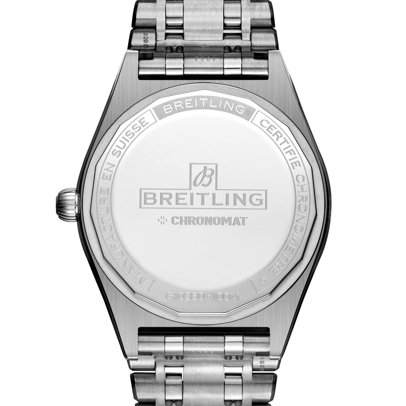 The back of a Breitling Chronomat Automatic 36 watch in stainless steel, displaying engraved branding and certification details on its case and bracelet.
