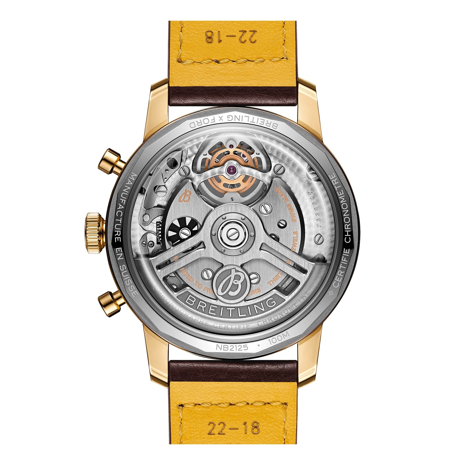Back view of the Breitling Top Time B21 Ford Mustang, showcasing a transparent case that reveals its automatic movement, gold case, and brown leather strap with yellow lining—echoing vintage dashboards and classic Mustang interiors.