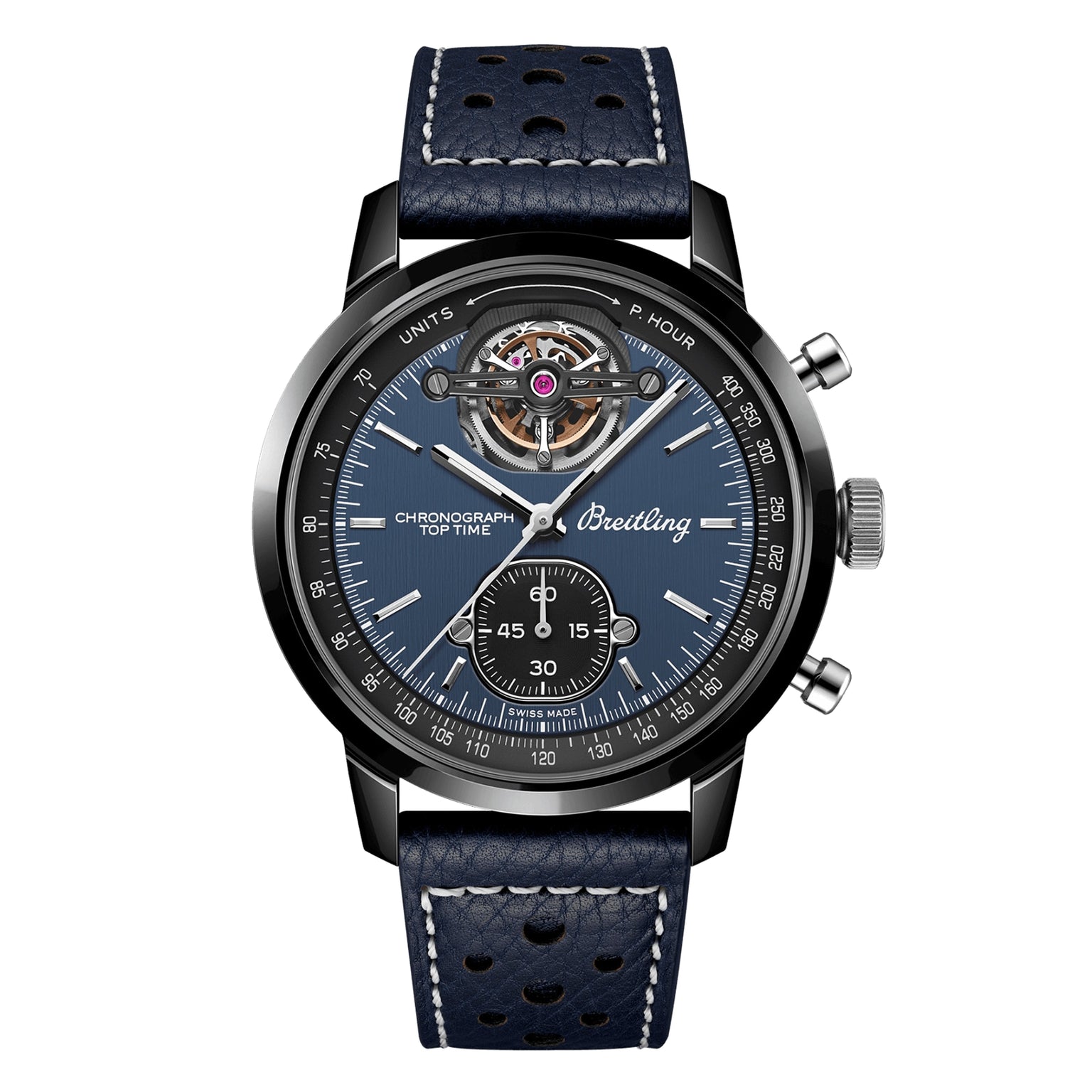 The Breitling Top Time B21 Shelby Cobra features a blue dial, black bezel, sub-dial, open-heart display, and a blue perforated leather strap with white stitching—capturing the spirit of the legendary Shelby Cobra.
