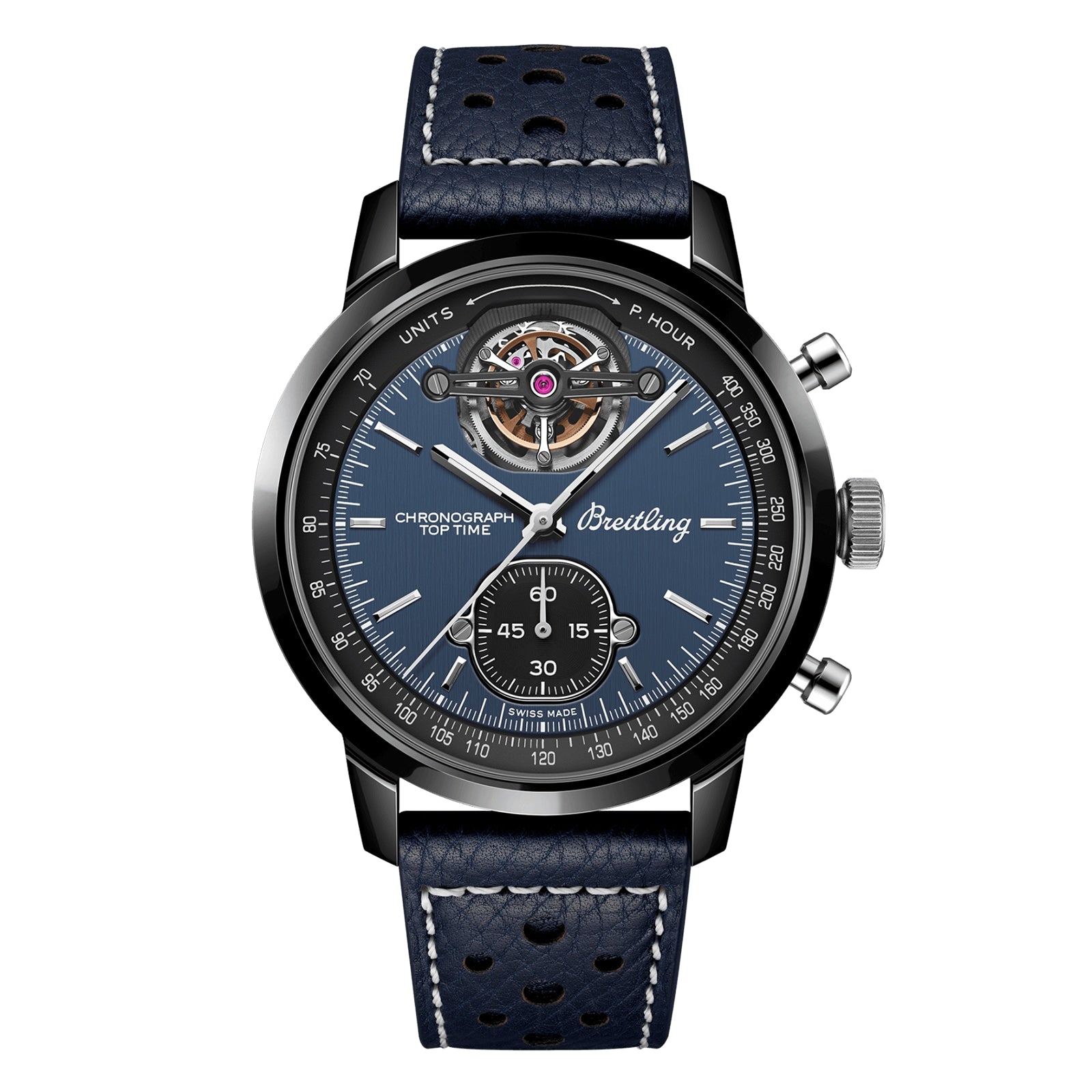 The Breitling Top Time B21 Shelby Cobra features a blue dial, black bezel, sub-dial, open-heart display, and a blue perforated leather strap with white stitching—capturing the spirit of the legendary Shelby Cobra.