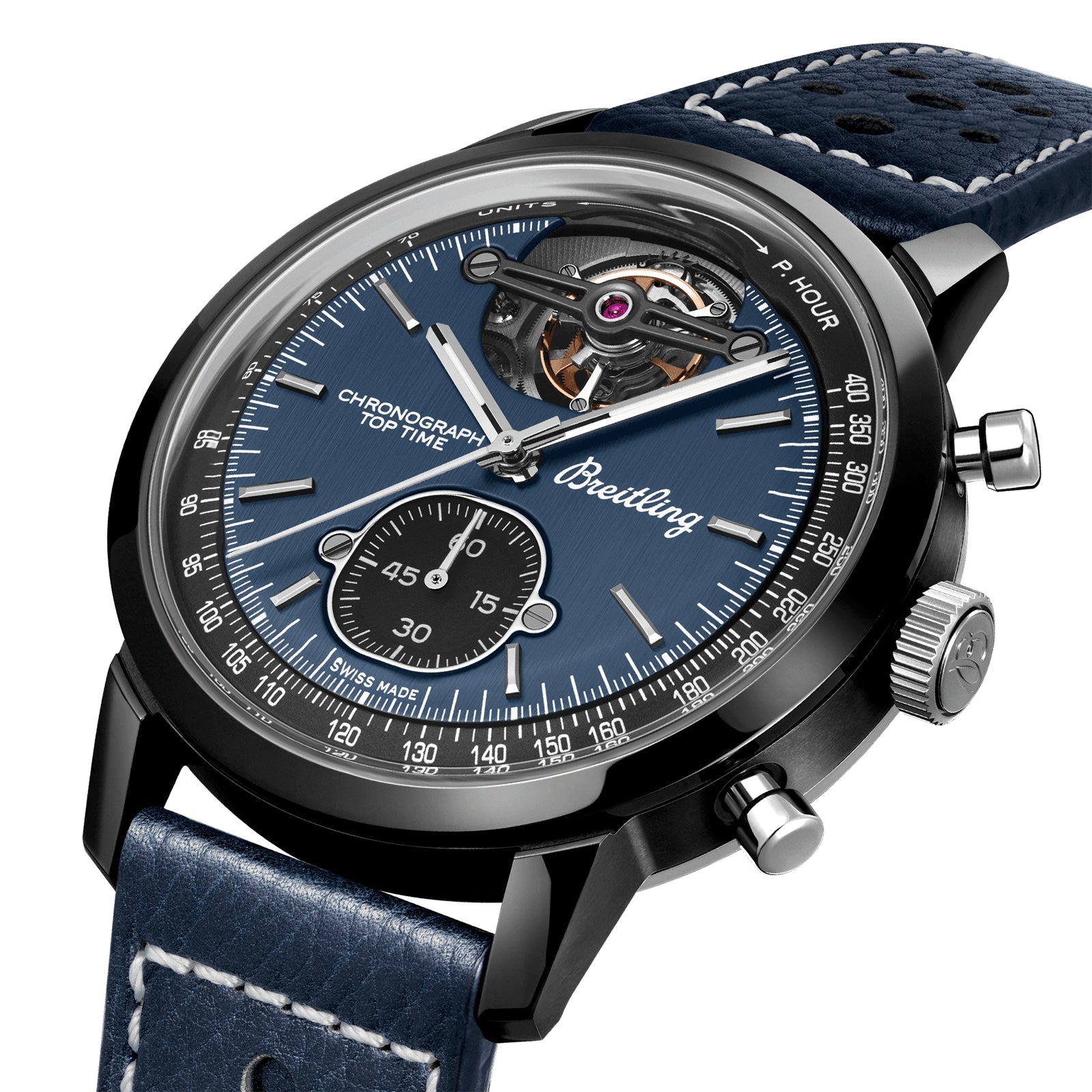 The Breitling Top Time B21 Shelby Cobra is a blue chronograph watch with an open-heart dial and perforated leather strap.
