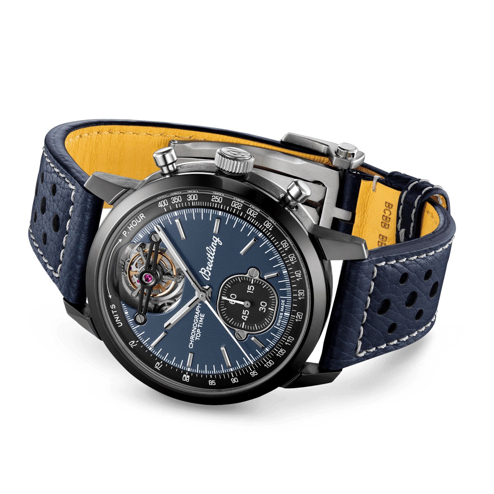 The Breitling Top Time B21 Shelby Cobra features a blue dial, black bezel, open tourbillon chronograph subdial, and a blue leather strap with contrast stitching and yellow lining—capturing the Shelby Cobra spirit.