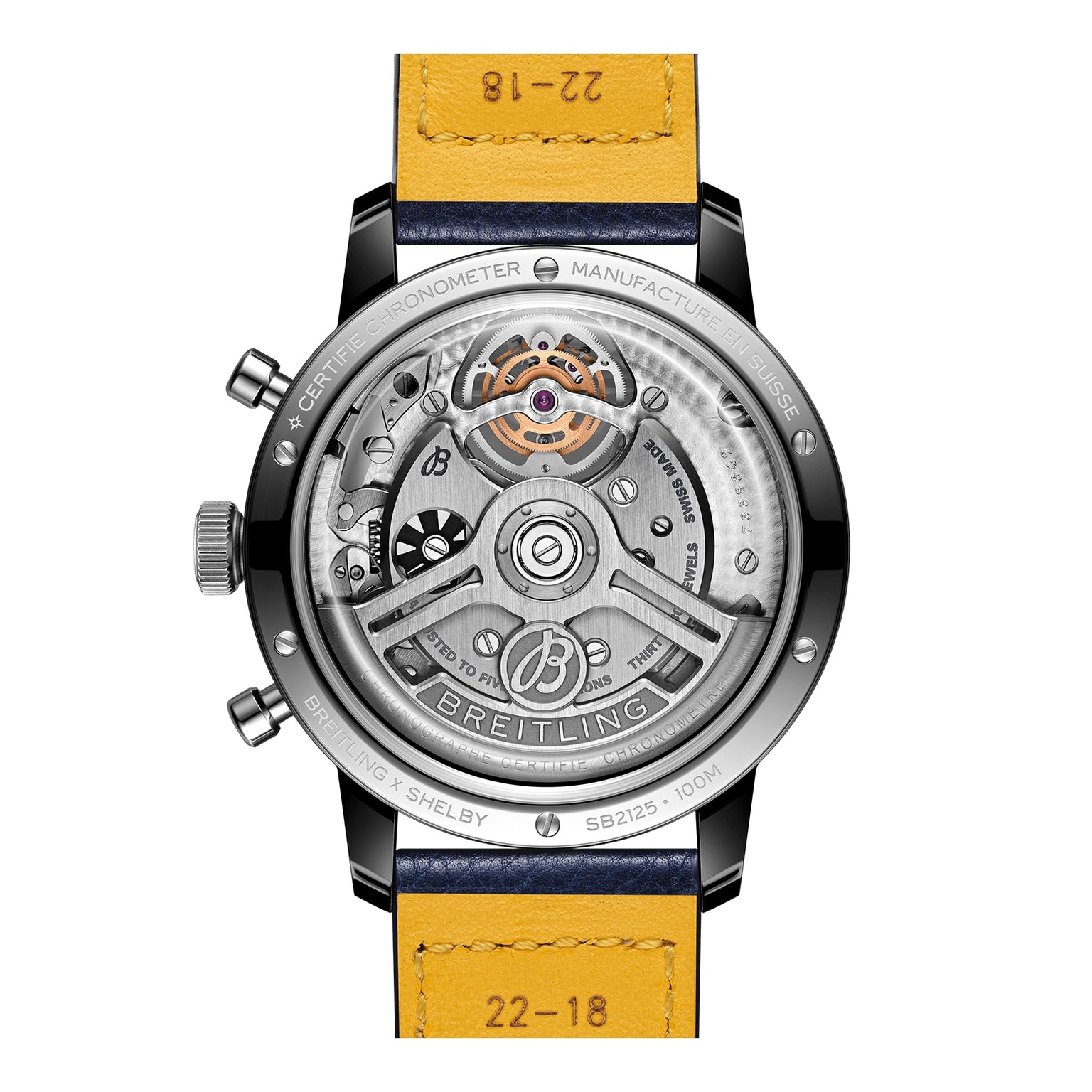 Back view of the Breitling Top Time B21 Shelby Cobra, revealing its open automatic movement, labeled parts, and a yellow leather strap marked “22-18,” inspired by the iconic Shelby Cobra.