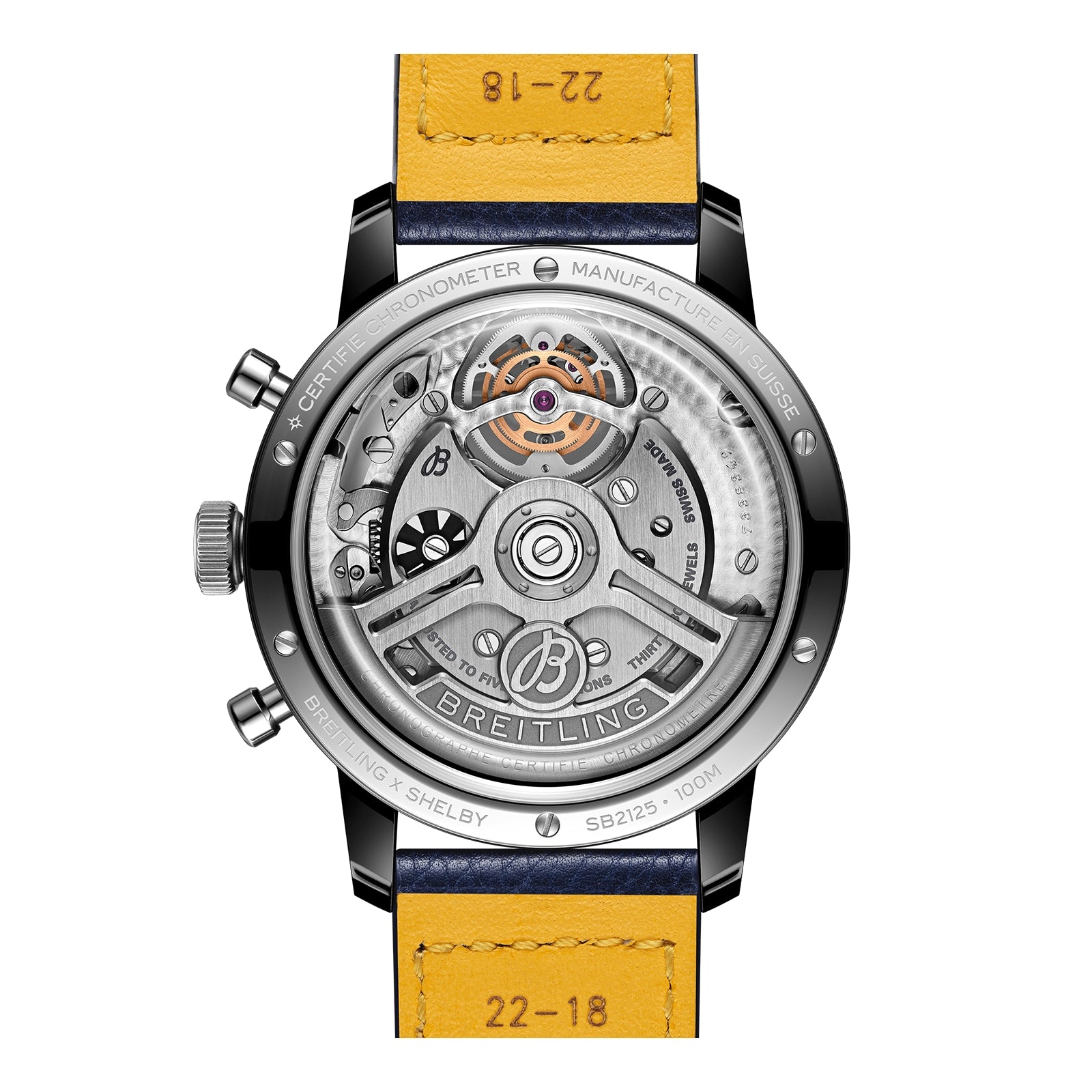 Back view of the Breitling Top Time B21 Shelby Cobra, revealing its open automatic movement, labeled parts, and a yellow leather strap marked “22-18,” inspired by the iconic Shelby Cobra.