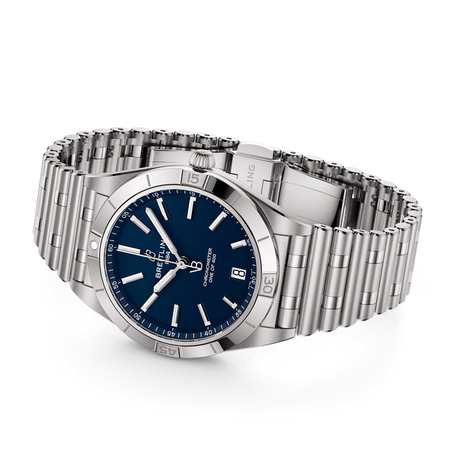 The Breitling Chronomat Automatic 36 Victoria Beckham features a stainless steel case, blue dial, date at 6 o’clock, and metal link bracelet, showcased on a white background as part of the exclusive Victoria Beckham collaboration.
