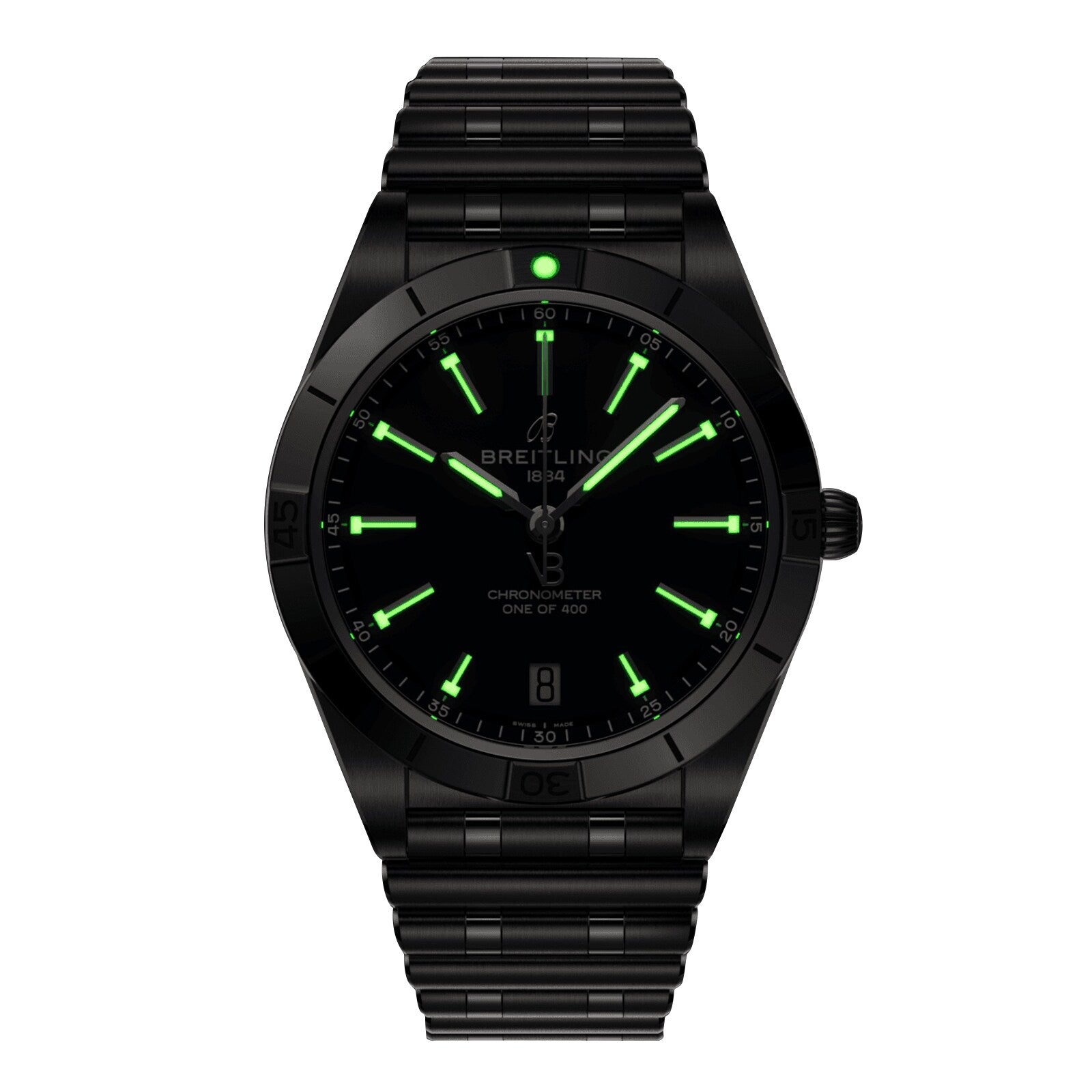 A limited edition Breitling Chronomat Automatic 36 Victoria Beckham wristwatch in black with a metal band, green luminescent hour markers and hands, and a date window at 6 o’clock, displayed on a white background.