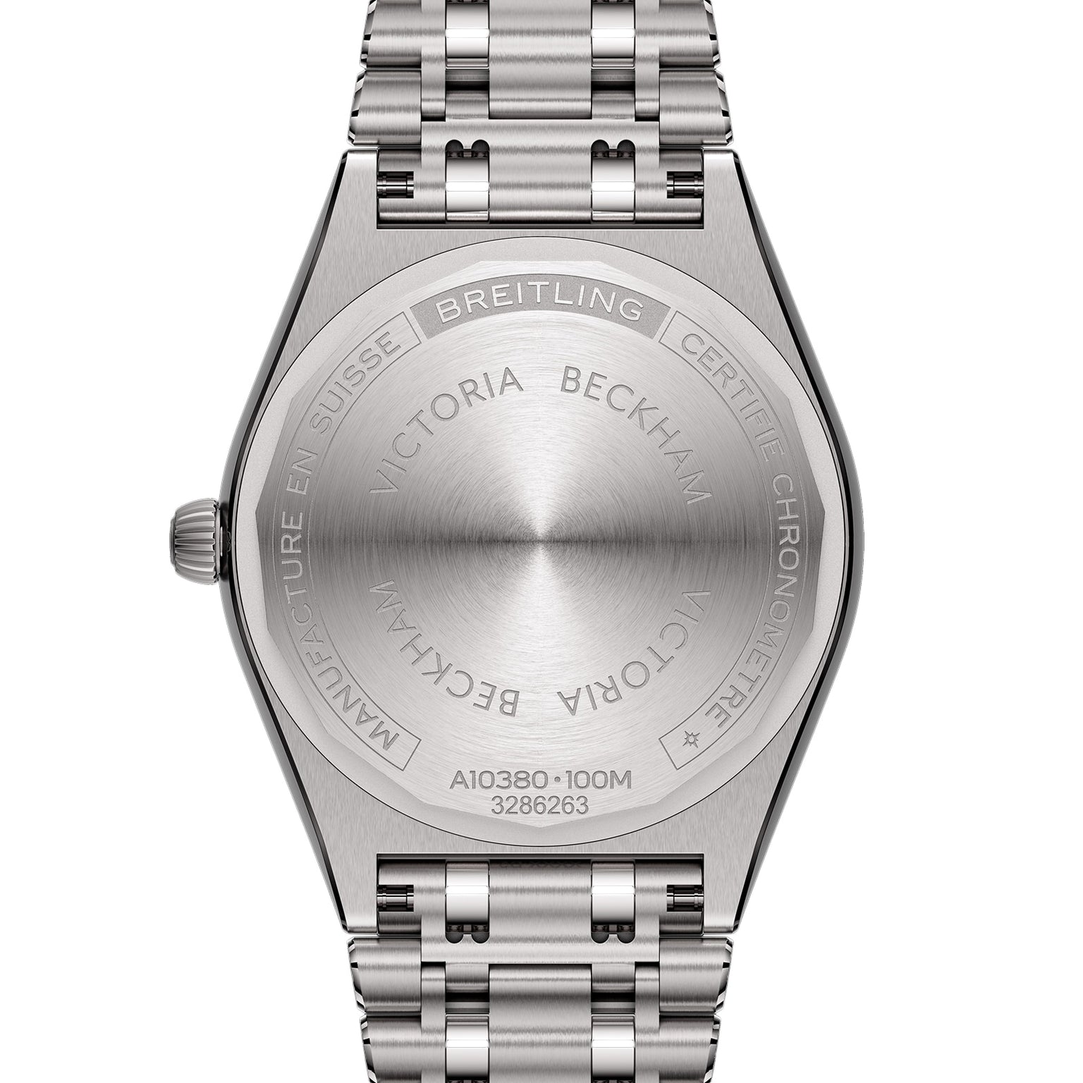 Back of a Breitling Chronomat Automatic 36 Victoria Beckham watch featuring an engraved case and metal link bracelet.