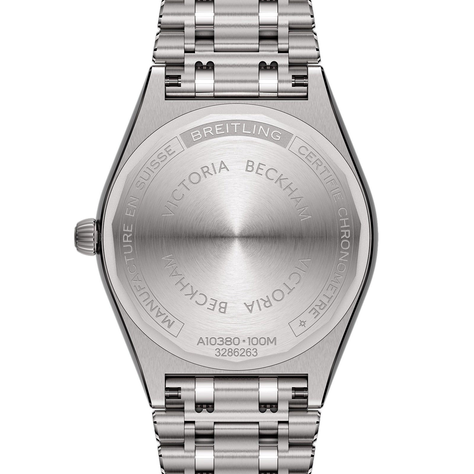 Back of a Breitling Chronomat Automatic 36 Victoria Beckham watch featuring an engraved case and metal link bracelet.