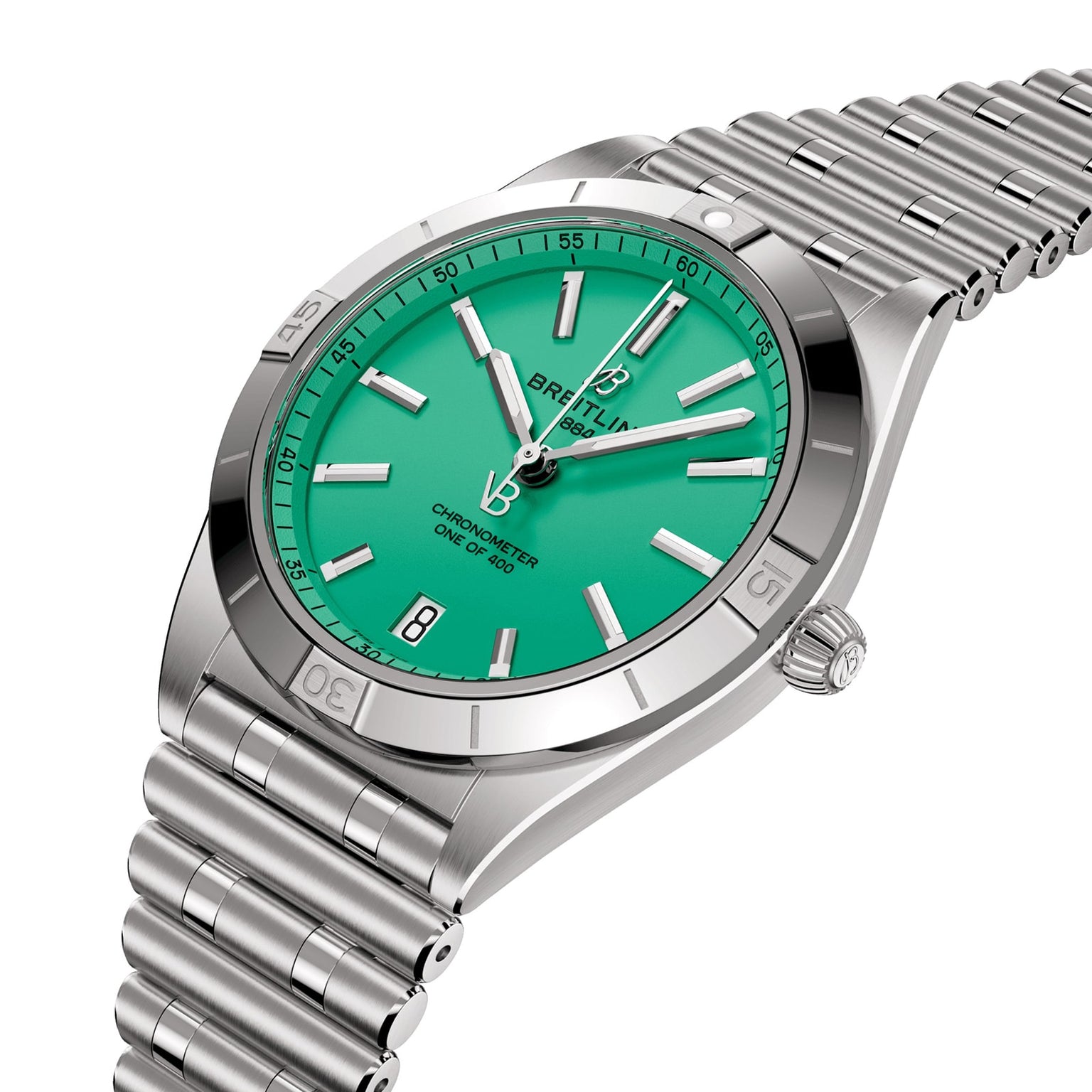 The Breitling Chronomat Automatic 36 Victoria Beckham wristwatch features a green dial and silver metal strap, displayed at an angle on a white background.
