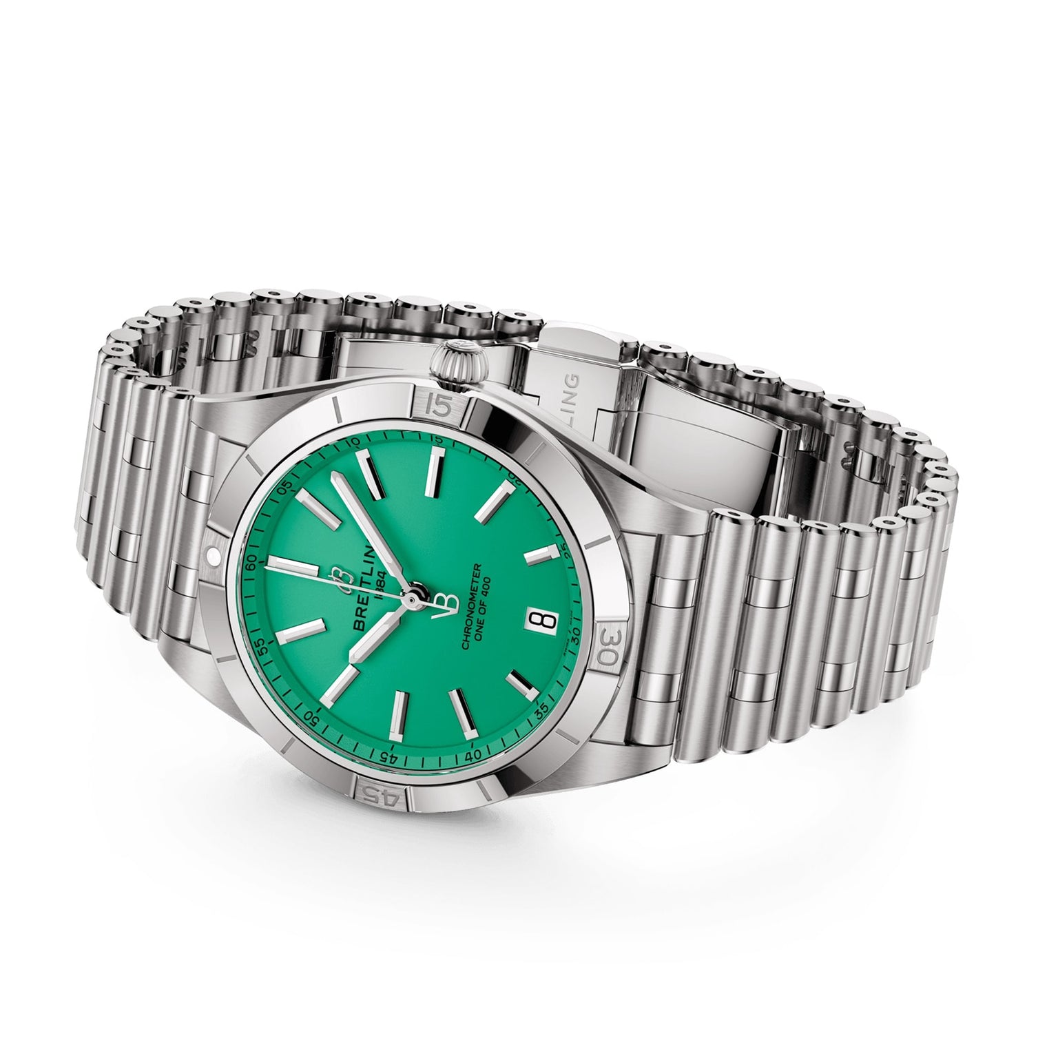 A Breitling Chronomat Automatic 36 Victoria Beckham wristwatch with a green dial and metal bracelet, shown at an angle on a white background.