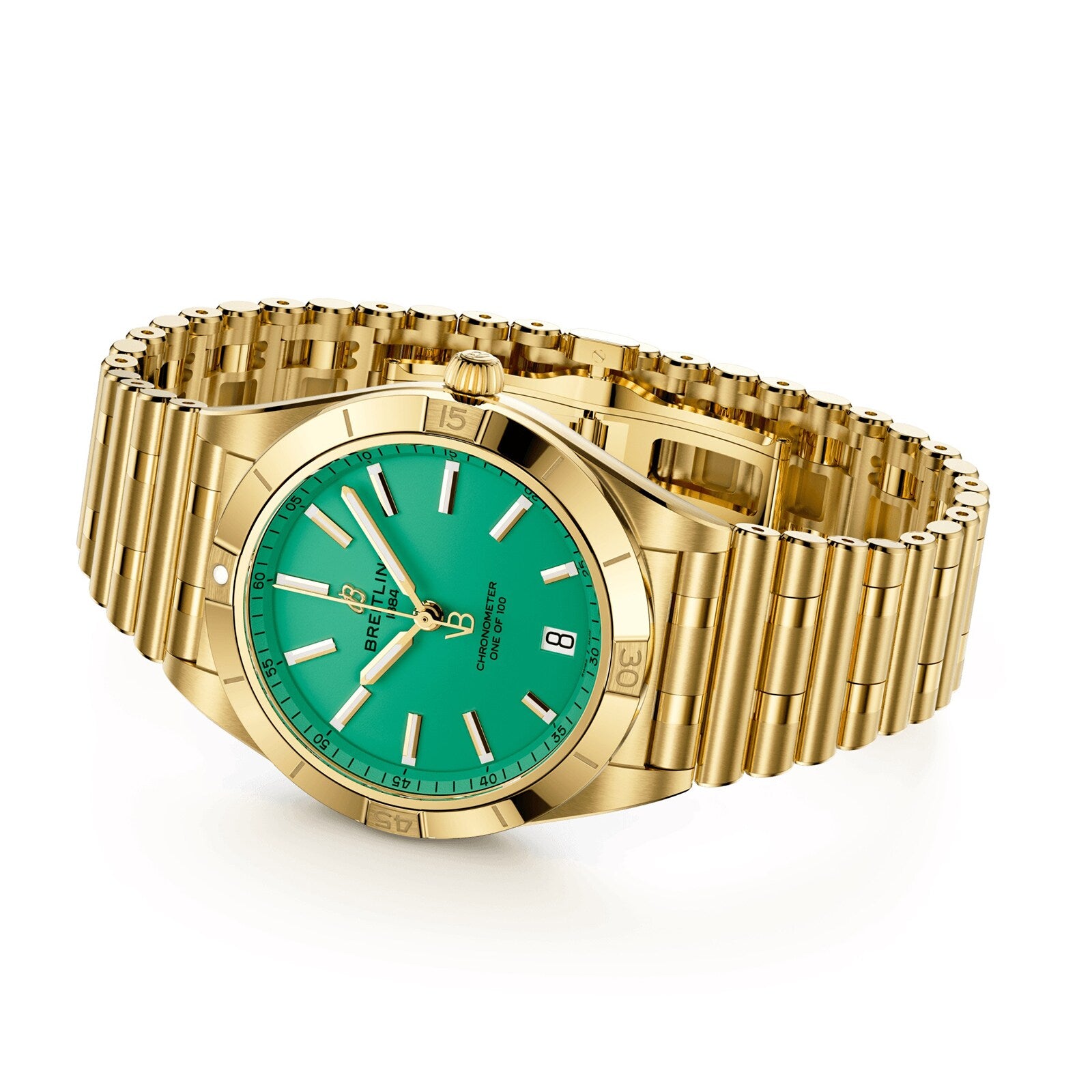 Shown on a white background is the Breitling Chronomat Automatic 36 Victoria Beckham, a limited edition gold wristwatch with a green dial, date display, and gold metal bracelet.